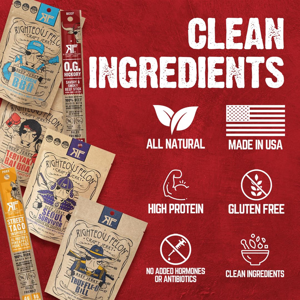 Righteous Felon Beef Jerky & Meat Sticks Variety Pack - Father's Day Jerky Sampler for Dad - Gluten Free Beef Jerky Snack Packs - High Protein, Keto, Low Sugar - Gifts for Men - 11 Pack Sampler