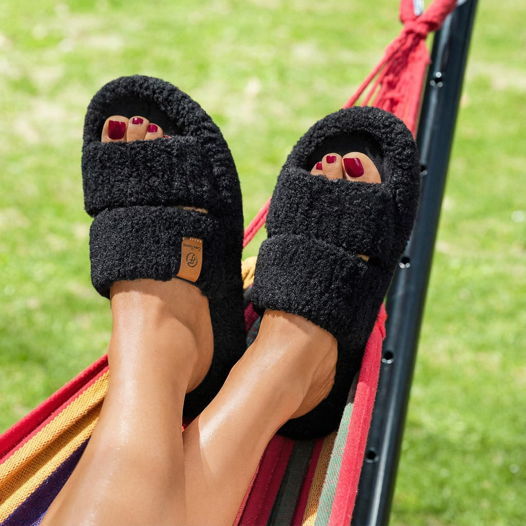 EverFoams Womens Fuzzy Open-toe Slippers Soft Comfy Memory Foam Indoor House Shoes