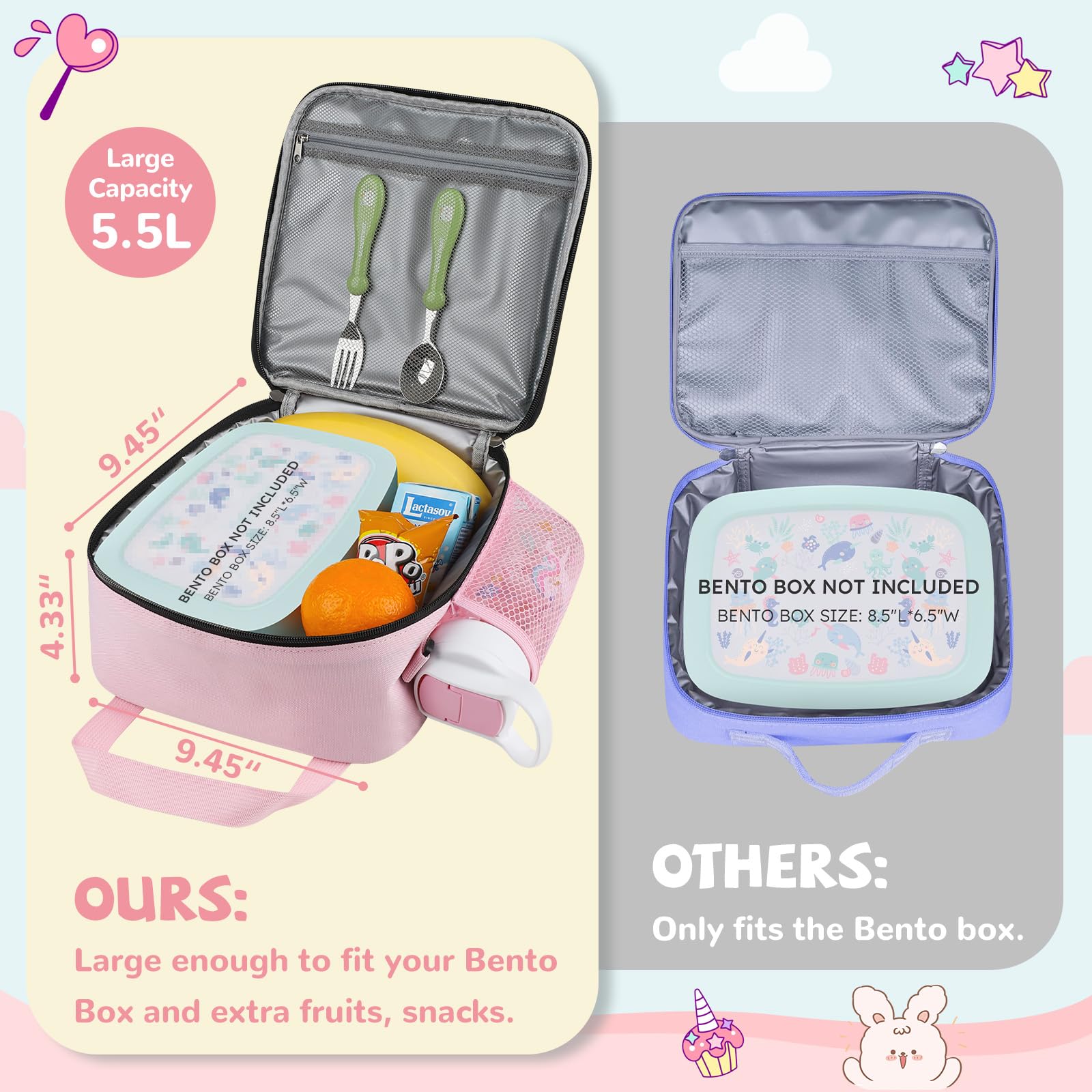 REDSHELL Tactical Lunch Box Kids, Large Insulated Lunch Bag for Girls, Cooler Lunchbag, Square Toddler Lunchbox, School Daycare Lunch Tote Pail with Water Bottle Holder Shoulder Strap, Purple