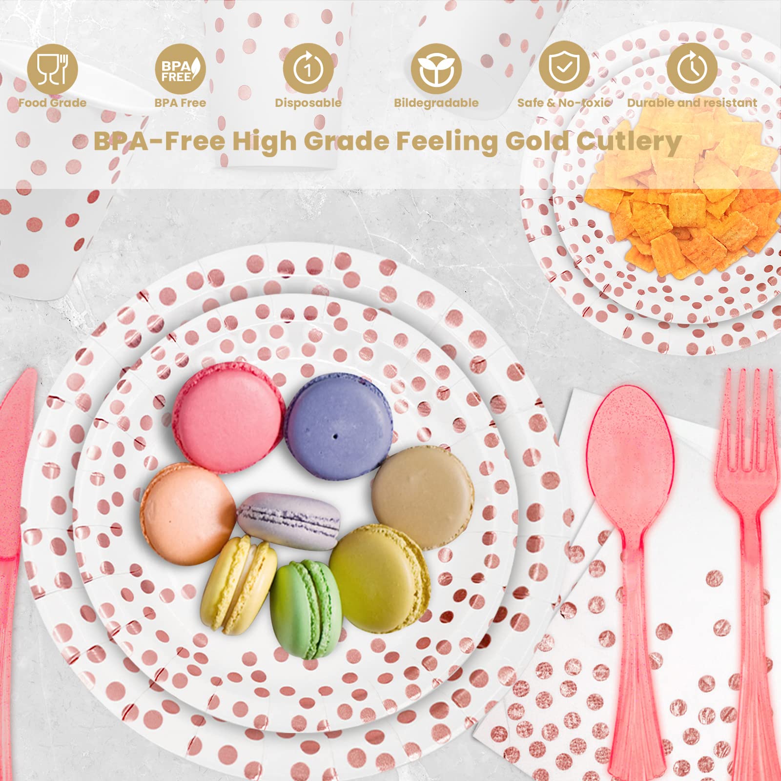 AIRE 175PCS White and Gold Party Supplies, Heavy Duty Disposable Dinnerware Set Serves 25, Paper Plates Plastic Forks Knives Spoons for Birthday,Graduation, Bridal Shower Decoration