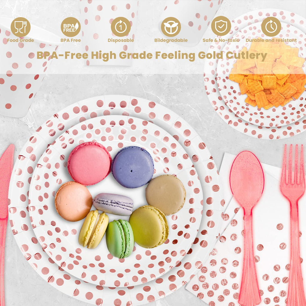 AIRE 175PCS White and Gold Party Supplies, Heavy Duty Disposable Dinnerware Set Serves 25, Paper Plates Plastic Forks Knives Spoons for Birthday,Graduation, Bridal Shower Decoration