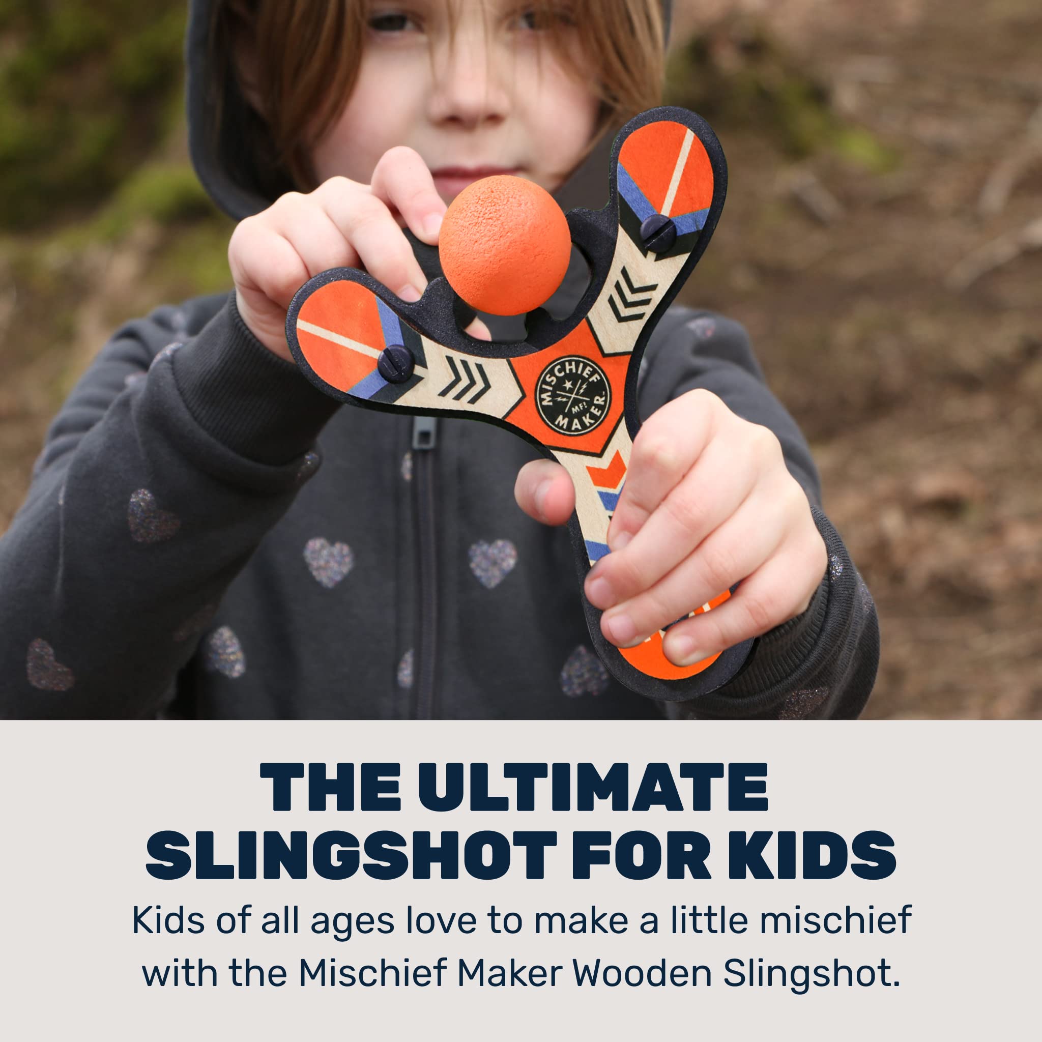 Mighty Fun! - Mischief Maker® Wooden Slingshot - Classic Series - Real Wood Slingshot for Kids, 4 Soft Foam Balls and Storage Bag - Ages 4+ (red)