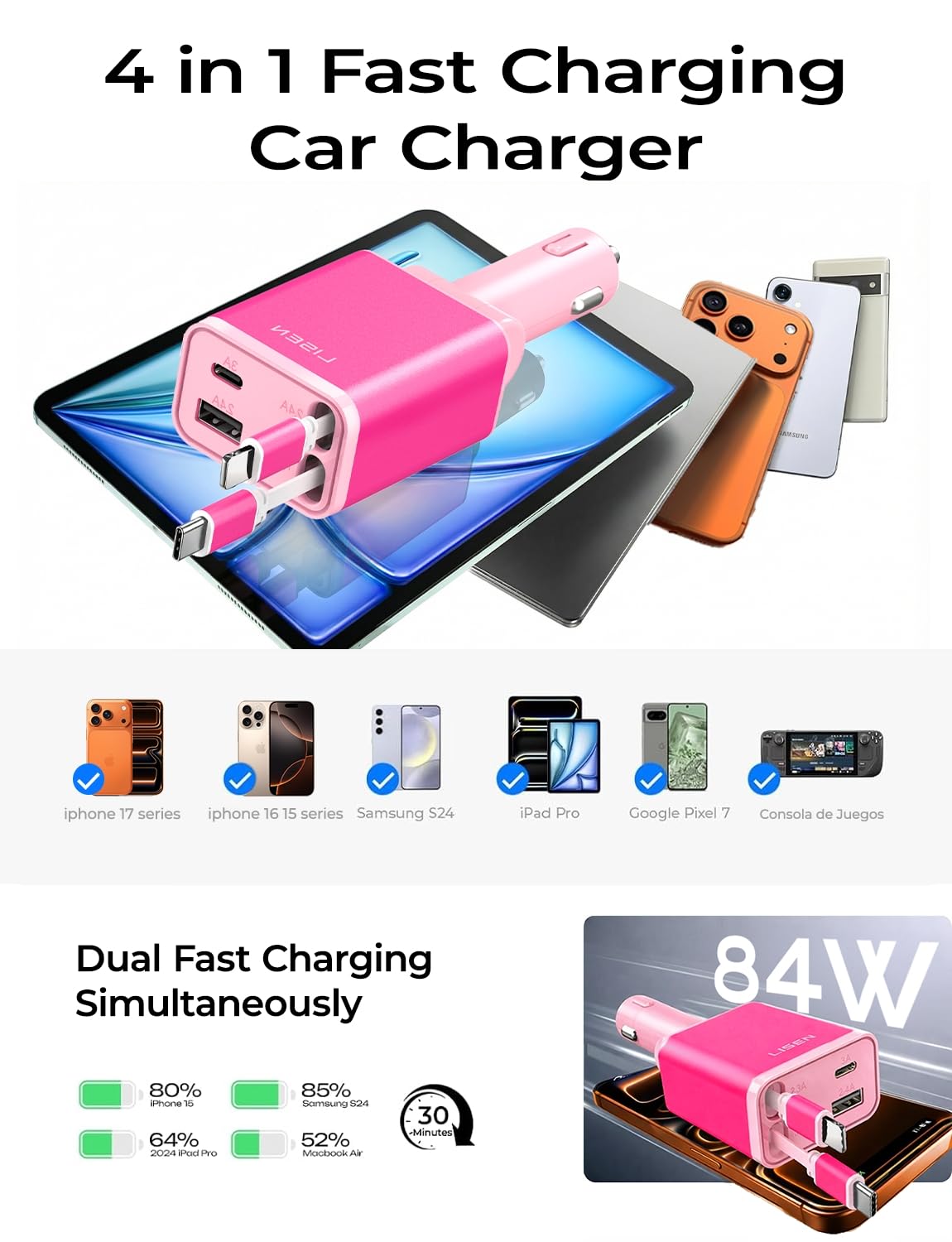LISEN Retractable Car Charger, 84W Car Charger USB C Fast Charger Adapter for iPhone, Car Accessories for Men Women, Gifts for Fathers Day for Men Dad Husband, for iPhone 17 16 15 14 13 12 11 Samsung