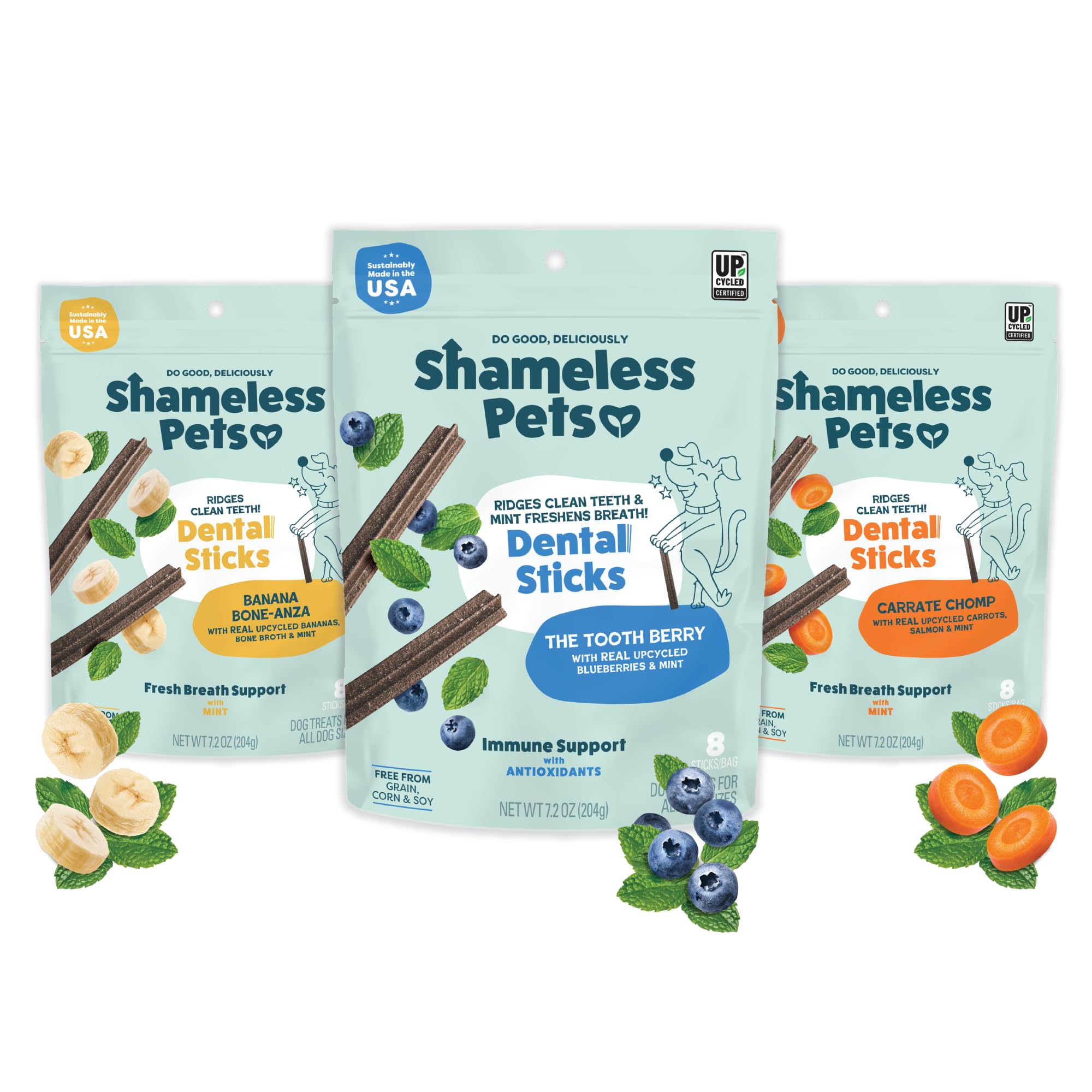 Shameless Pets Blueberry & Mint Dental Chews for Dogs, 8 Chews - Natural Dog Teeth Cleaning Treats with Fresh Breath Benefits | Grain-Free Dental Sticks for Small, Medium & Large Dogs