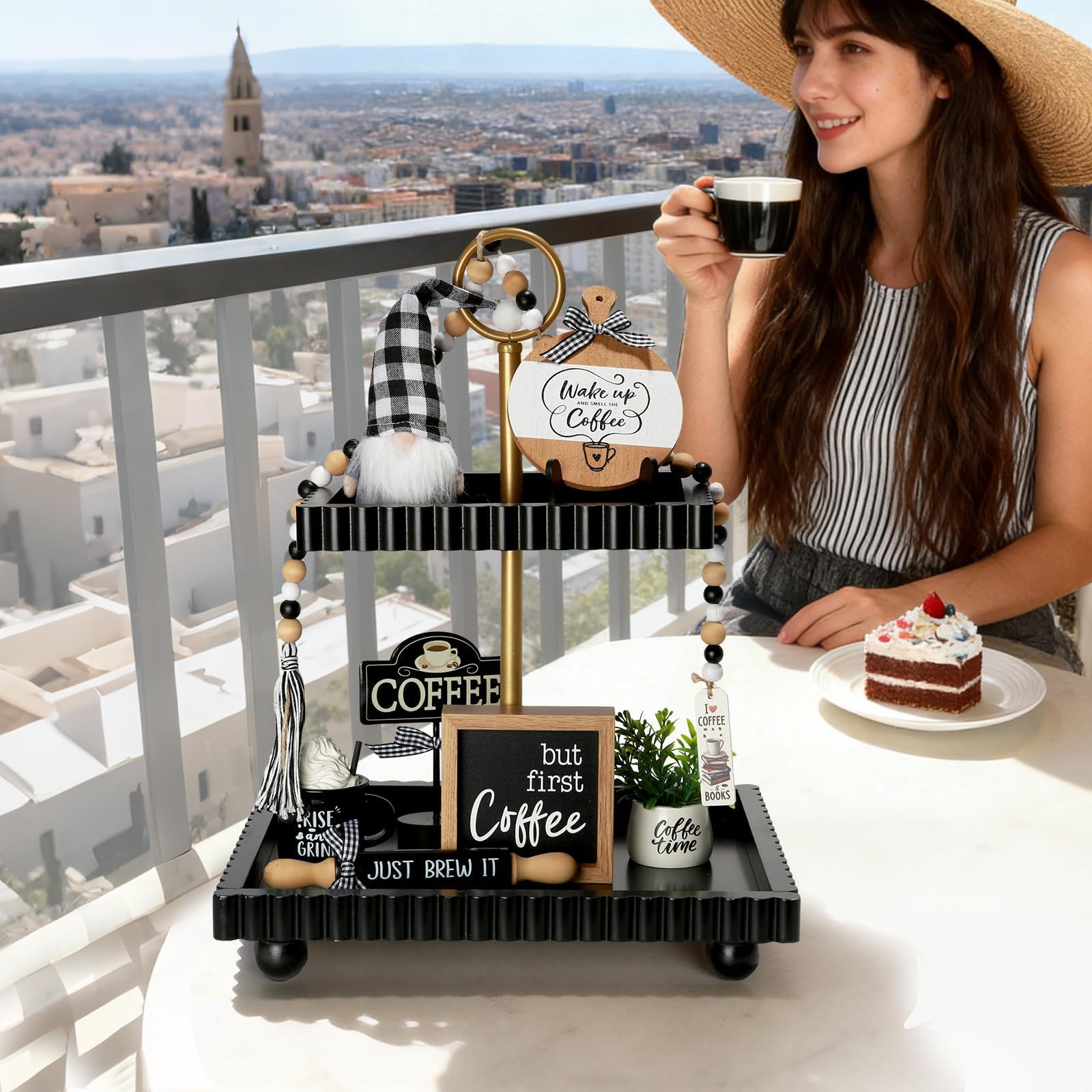 Christmas Decorations 8 PCS Tiered Tray Decor Set, Cute Tabletop Christmas Decor for Home Office Shelf Mantel Coffee Bar Xmas Table Centerpieces Tray Objects Holiday Decoration Set