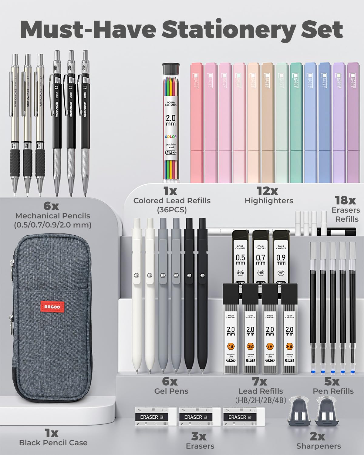 Four Candies 39 PCS Aesthetic Stationery Set with Cute Pen Case, College Supplies and Nursing Student Essentials, 12 Pastel Highlighters, 5 Black Gel Pens, 6 Mechanical Pencils, Blue