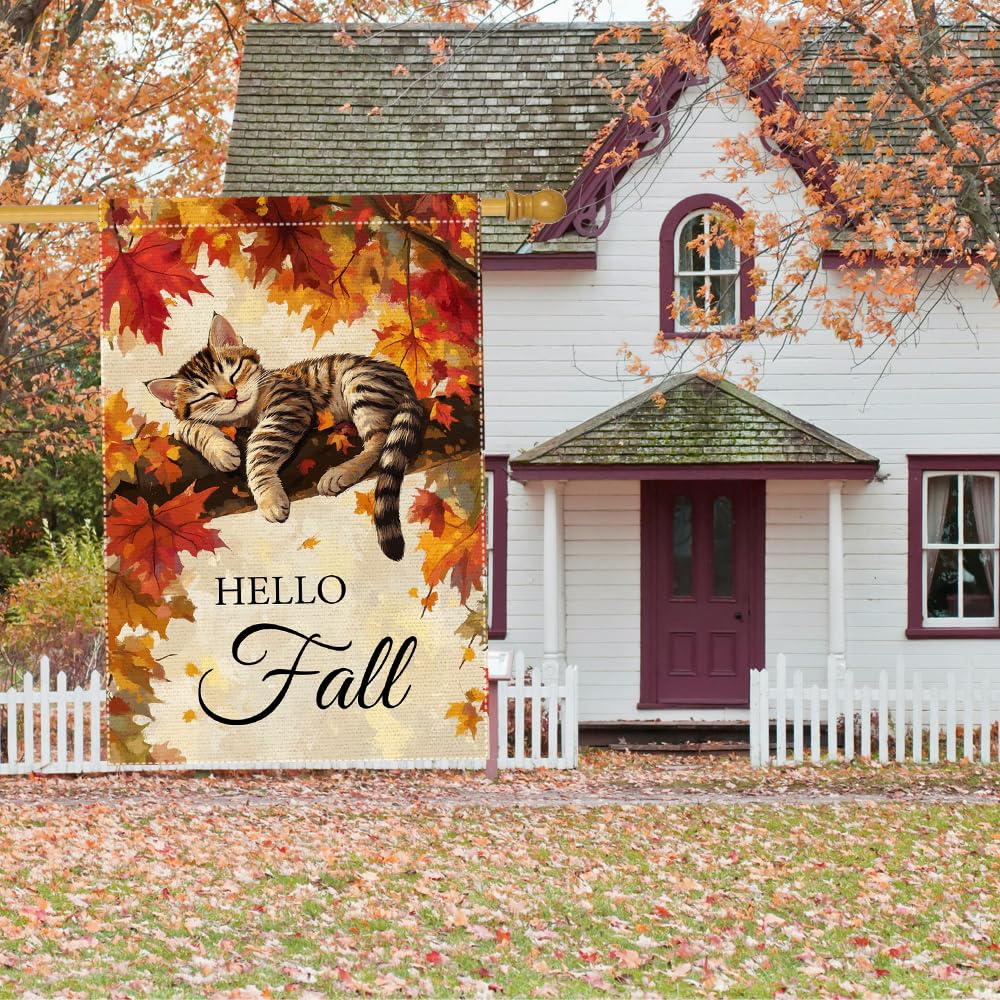 Hello Fall Garden Flag Cat Garden Flags 12x18 Inch Double Sided Vertical Autumn Farmhouse Home Decor Yard Lawn Outdoor Decorations