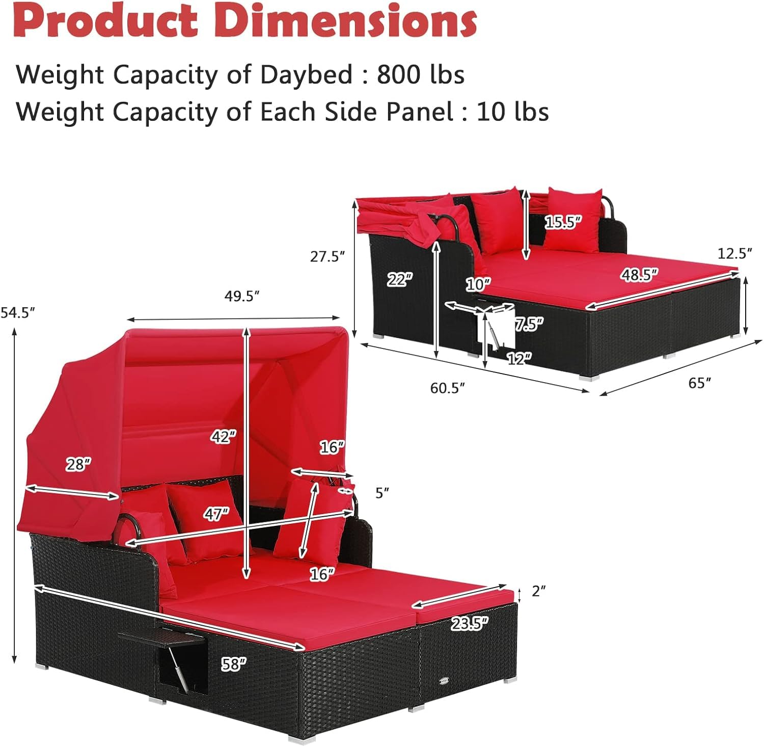 Tangkula Patio Rattan Daybed with Retractable Canopy, Outdoor Wicker Sunbed Lounger with 2 Foldable Side Tables, Thick Seat & Back Cushions, Outside Double Daybed for Garden, Backyard, Porch