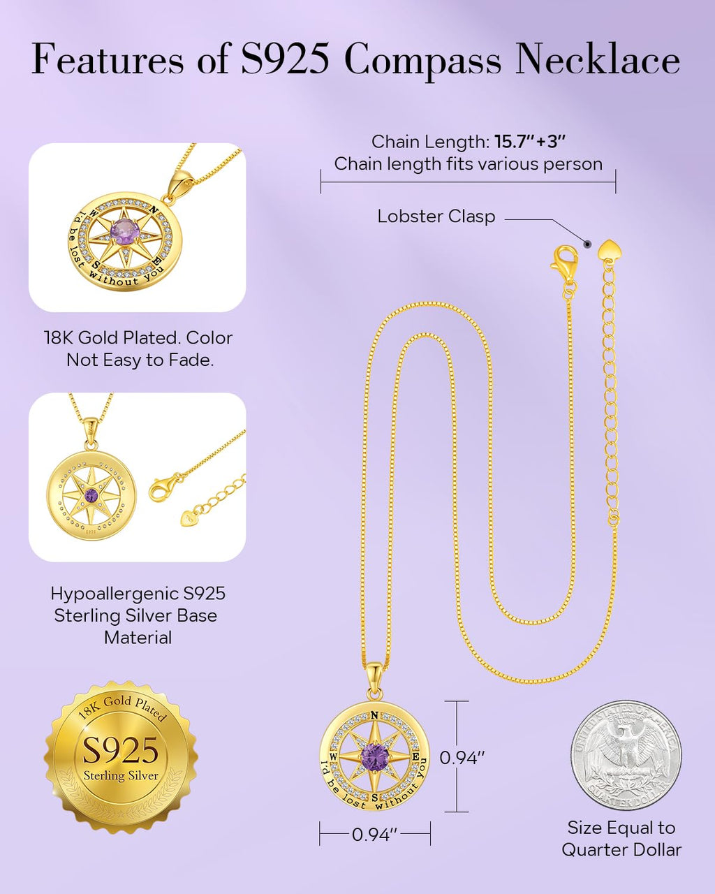 S925 Necklace Gift for Wife |Compass Jewelry |Women Anniversary |Sterling Silver |Girlfriend Birthday Gifts for Her Valentines |I'd be Lost without You |Jewel 18K Gold
