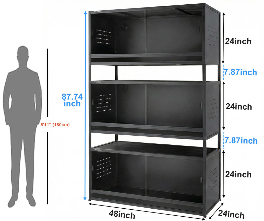 PVC Reptile Enclosure 3 Tier 40"x16"x16" with Spacers, 44 Gallon Reptile Tank Habitat, Space Saving Stackable Reptile Terrarium for Bearded Dragon Gecko Snake Lizard, Sliding Glass Doors Lock