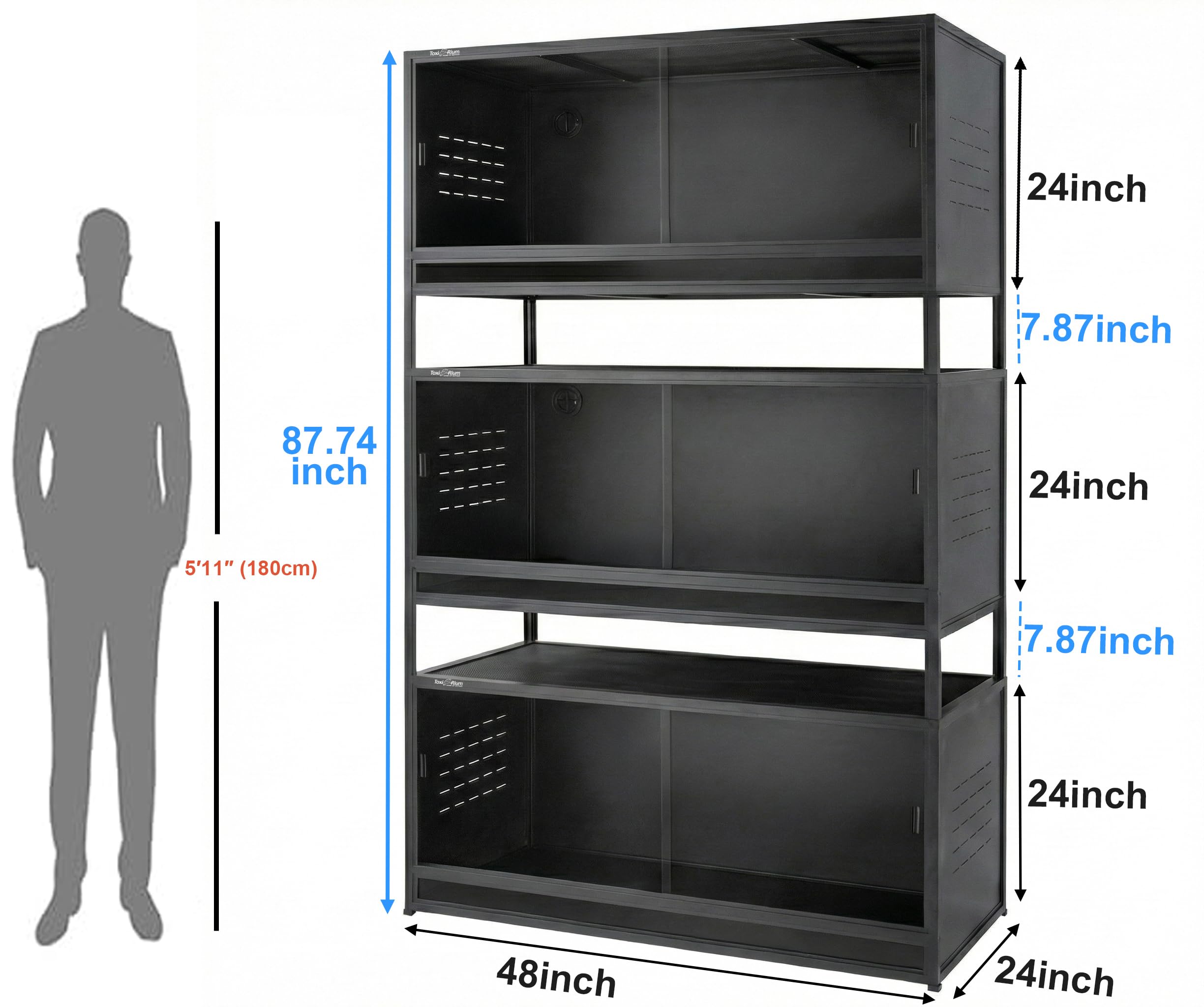PVC Reptile Enclosure 3 Tier 40"x16"x16" with Spacers, 44 Gallon Reptile Tank Habitat, Space Saving Stackable Reptile Terrarium for Bearded Dragon Gecko Snake Lizard, Sliding Glass Doors Lock