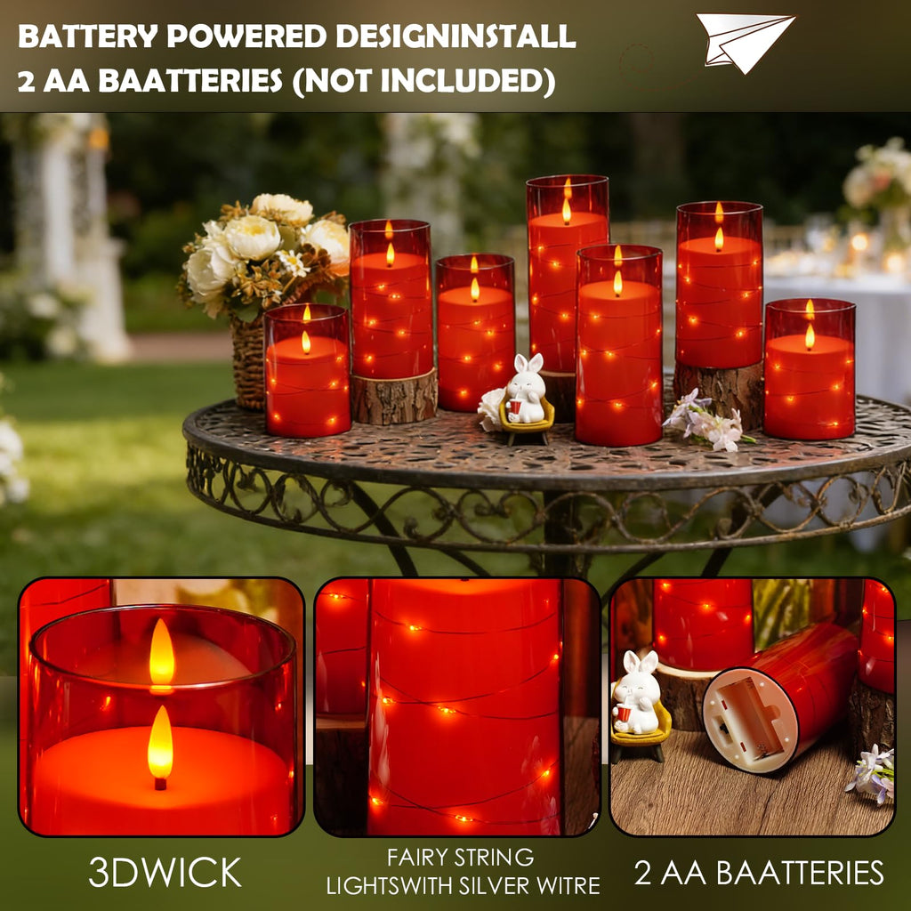 kakoya Flameless LED Candles with Timer 5 Pc Flickering Flameless Candles for Romantic Ambiance and Home Decoration Stable Acrylic Shell,with Embedded Star String，Battery Operated Candles（Red）