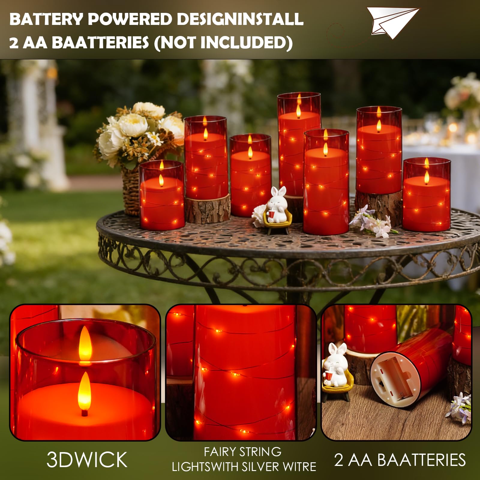 kakoya Flameless LED Candles with Timer 5 Pc Flickering Flameless Candles for Romantic Ambiance and Home Decoration Stable Acrylic Shell,with Embedded Star String，Battery Operated Candles（Red）