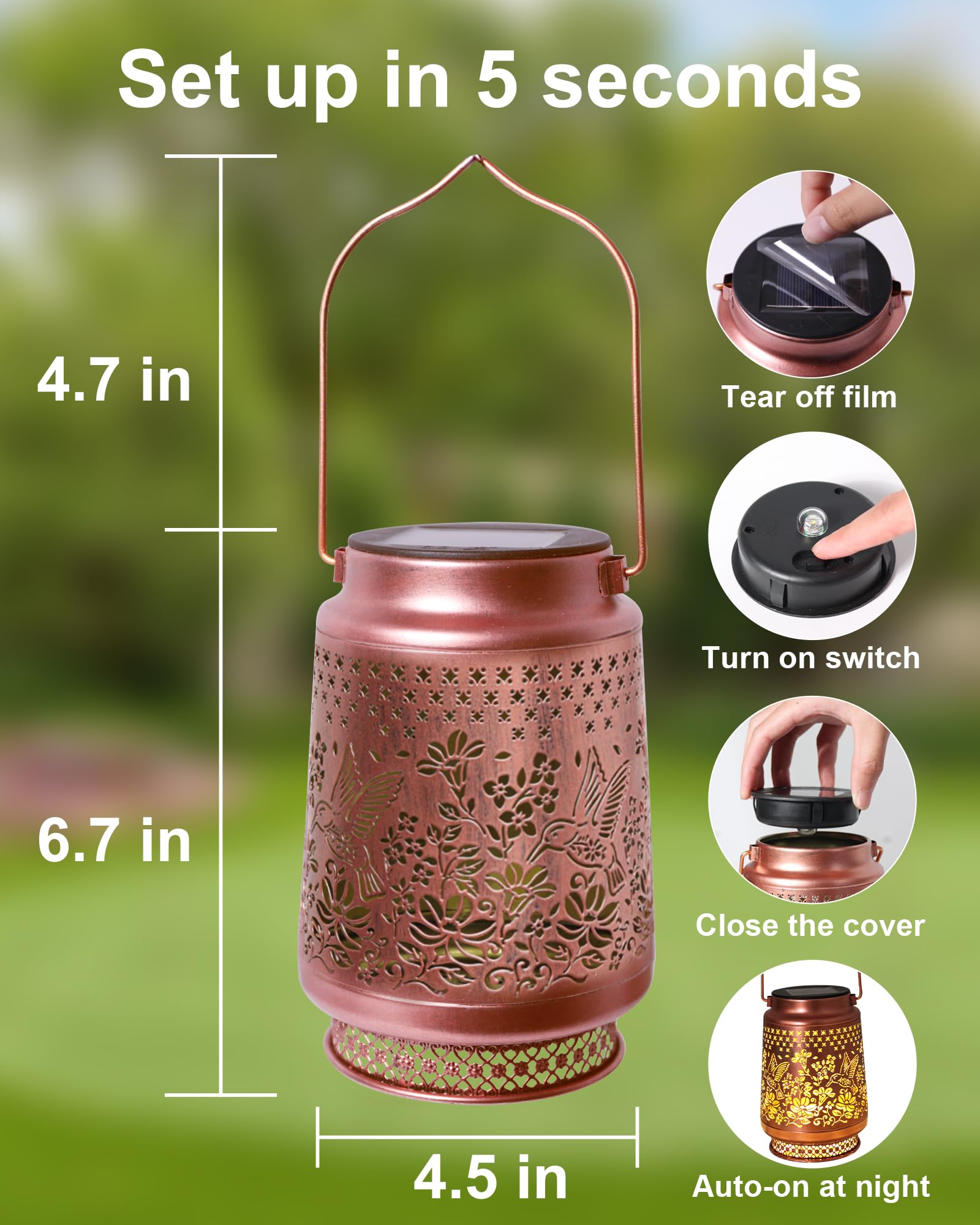 Solar Lanterns Outdoor Waterproof Hummingbird Elegant Garden Decor Birthday Gifts for Women Mom Grandma Sister Metal Hanging Solar Lights Outside Gardening Decorations for Backyard, Patio, Lawn, Porch