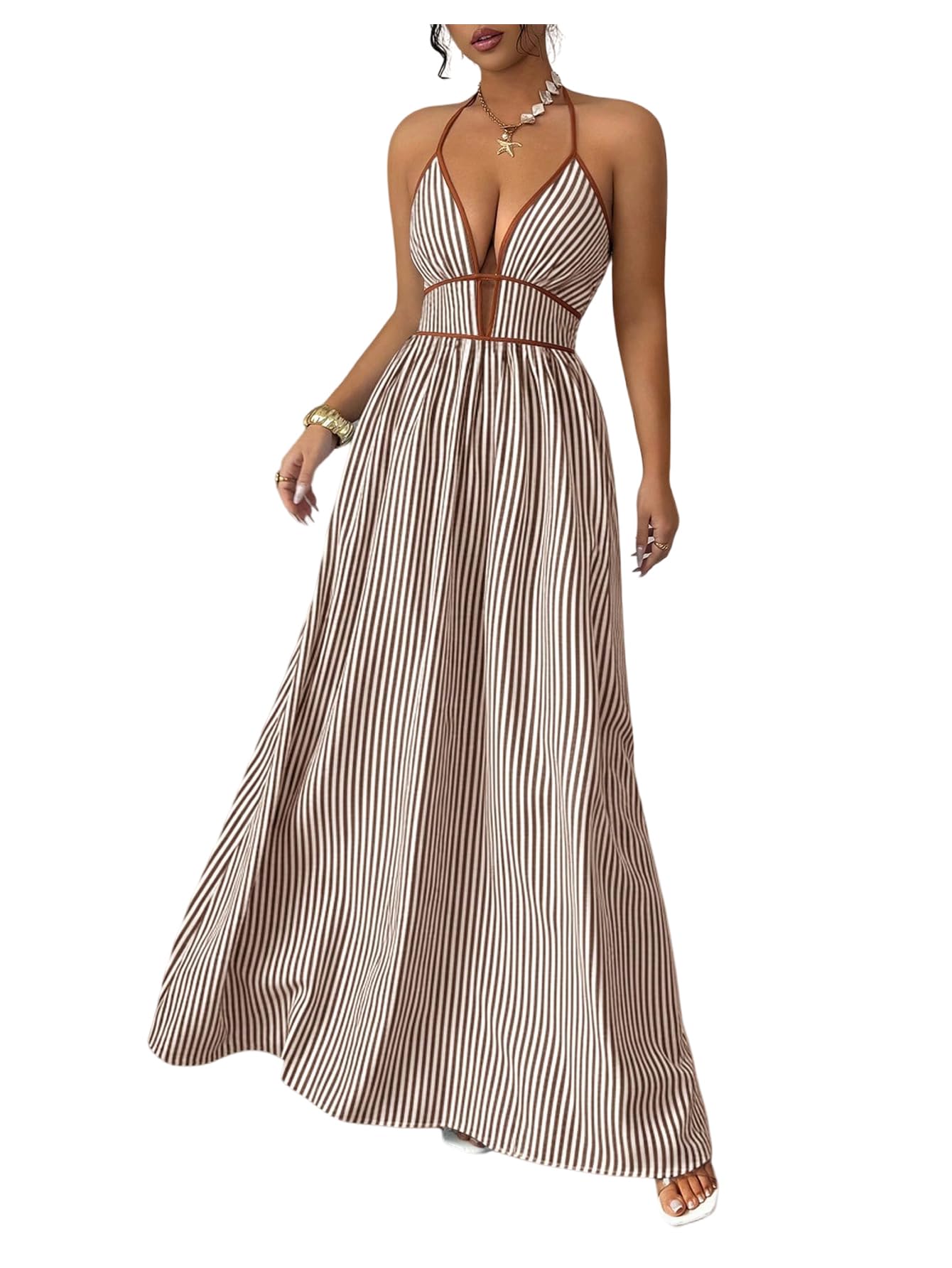 Floerns Women's Striped Halter Maxi Dress Backless Smocked Beach Vacation Boho Dress