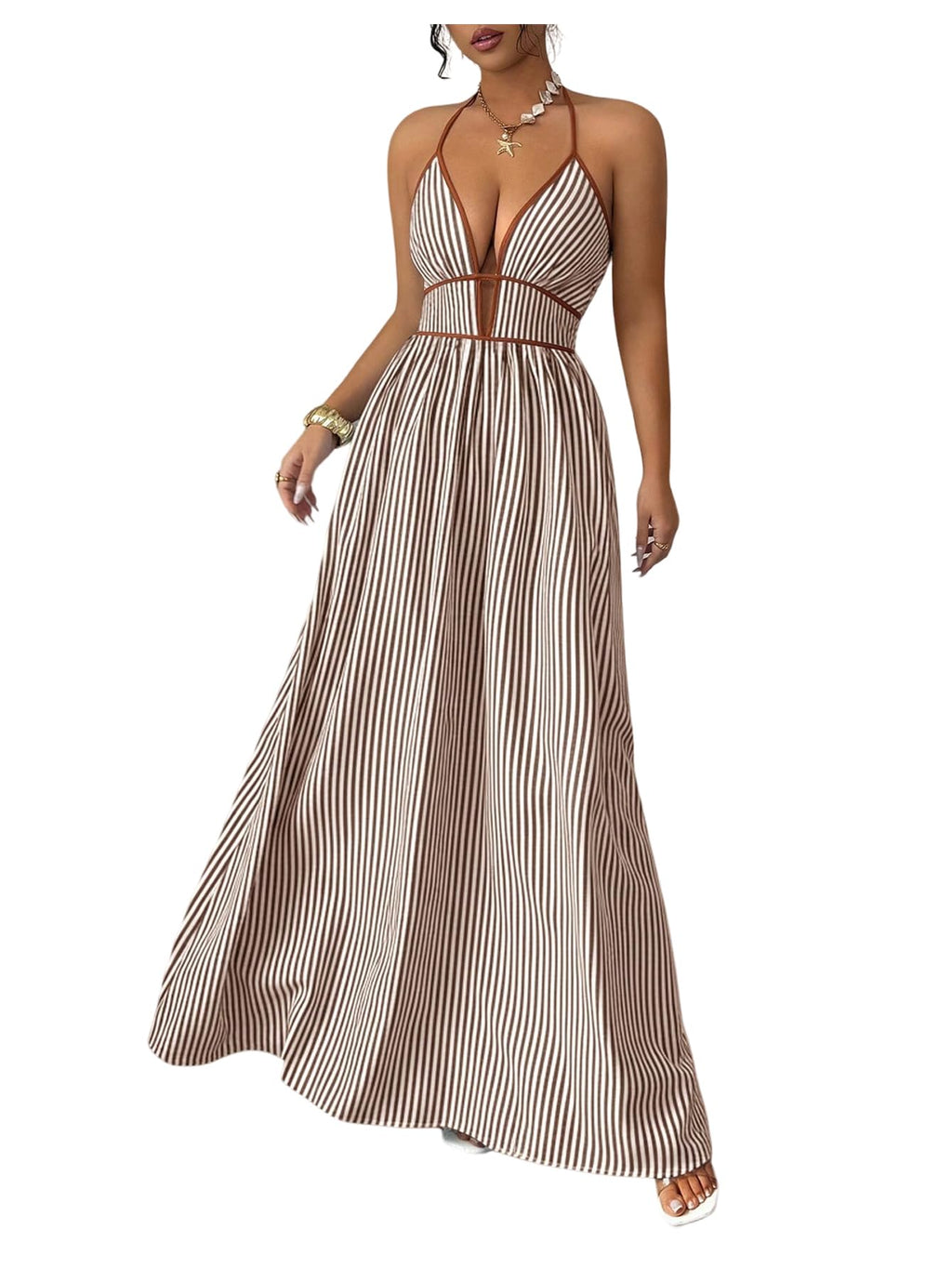 Floerns Women's Striped Halter Maxi Dress Backless Smocked Beach Vacation Boho Dress