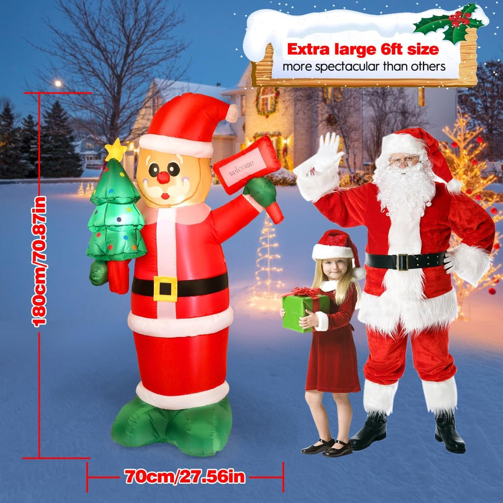 6Ft Christmas Inflatables Santa Gingerbread with LED Lights & Gift Box, Giant Christmas Inflatables Yard Decorations, Xmas Blow Up Santa Claus, Indoor/Outdoor Christmas Decor for Holiday Patio Garden