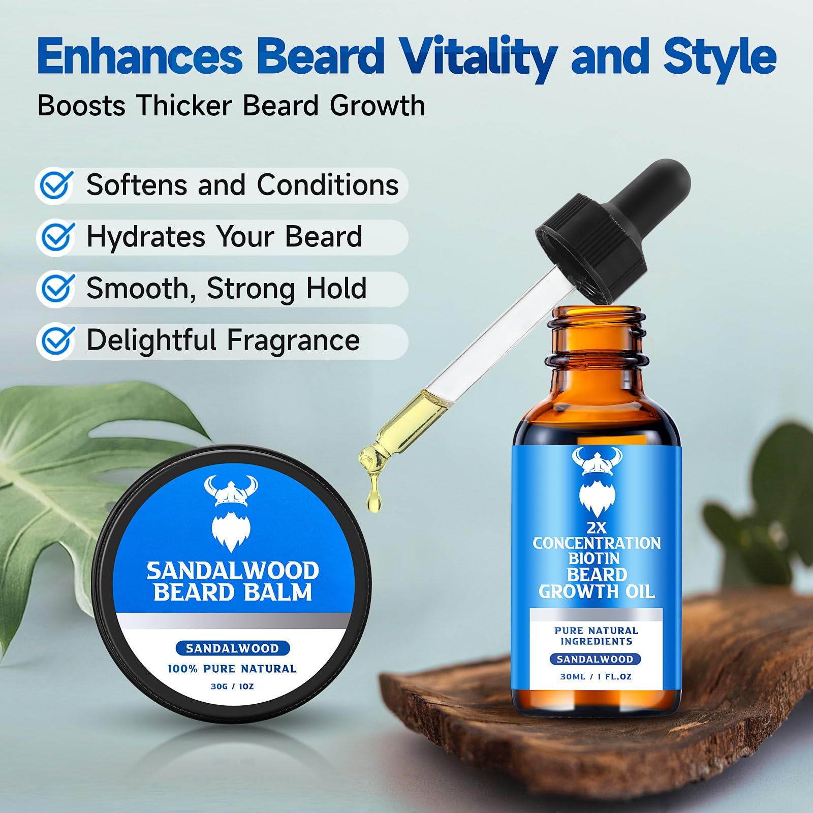 MistySprite Beard Growth Kit for Men, 2X Concentration Biotin Beard Oil & Styling Balm, Natural Facial Hair Conditioner with Argan, Jojoba & Vitamin E, Sandalwood Scent Softener