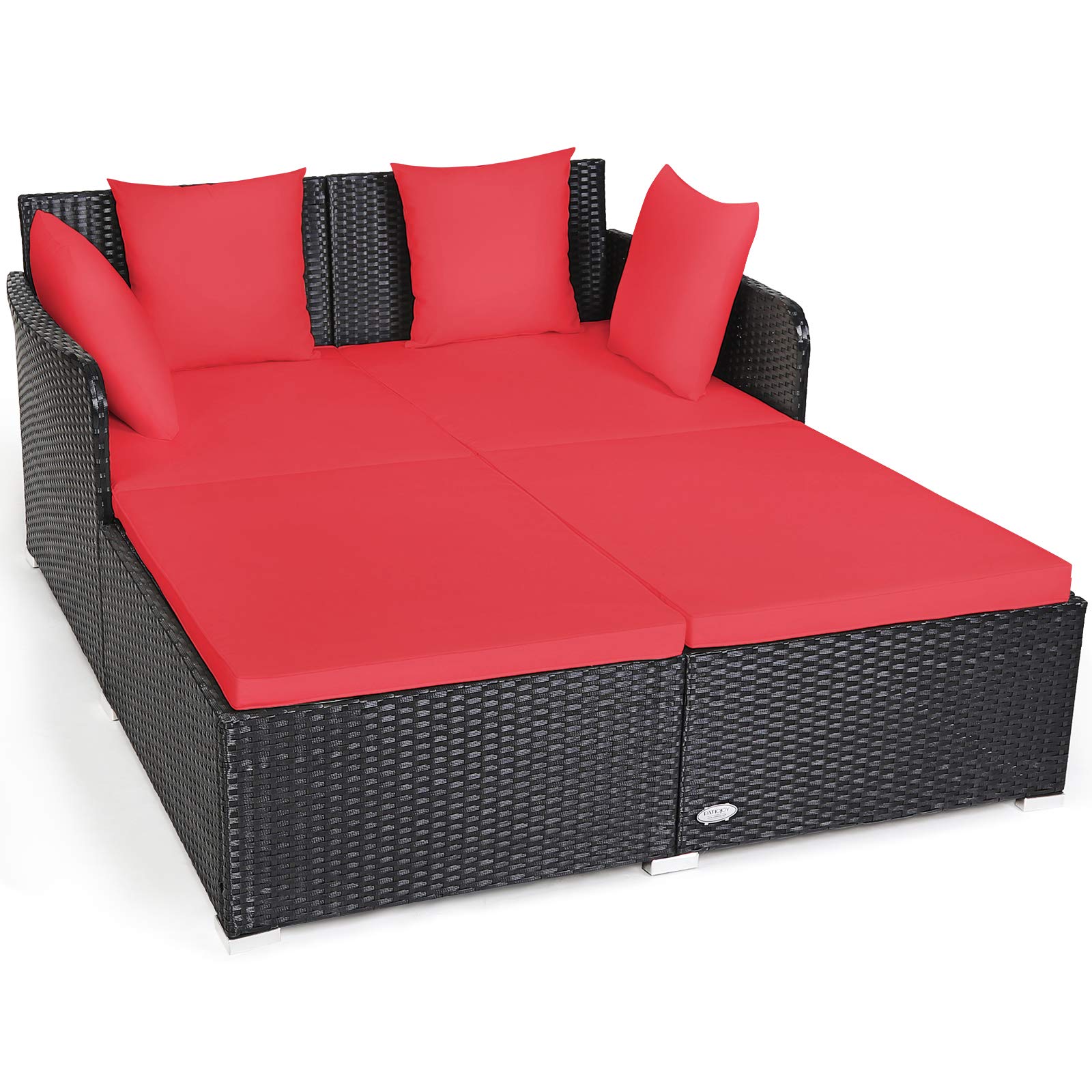 Tangkula Patio Rattan Daybed with Retractable Canopy, Outdoor Wicker Sunbed Lounger with 2 Foldable Side Tables, Thick Seat & Back Cushions, Outside Double Daybed for Garden, Backyard, Porch
