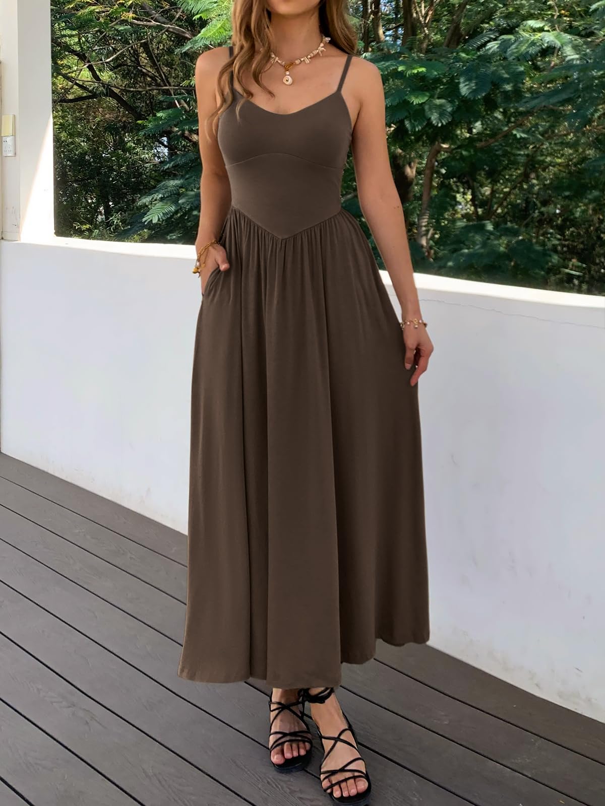 Womens Spaghetti Strap Maxi Dresses Summer Casual Sleeveless A Line Long Flowy Dress with Pockets Beach Sundresses