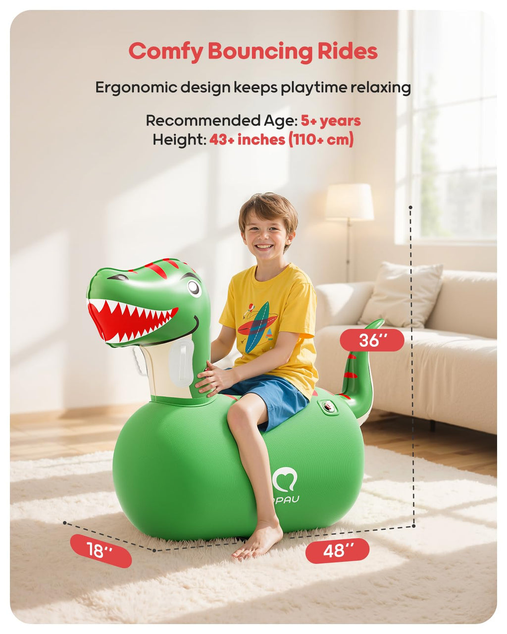 QPAU Inflatable Bouncy Dinosaur Toys 2 PCS with Hand Pump, Heavy Duty Giant Bouncy Pal, 220lbs Load Capacity, Ride On Bouncy Animal Hopper Toy, Indoor Outdoor Bouncers for Kids Girls Boys Ages 5+
