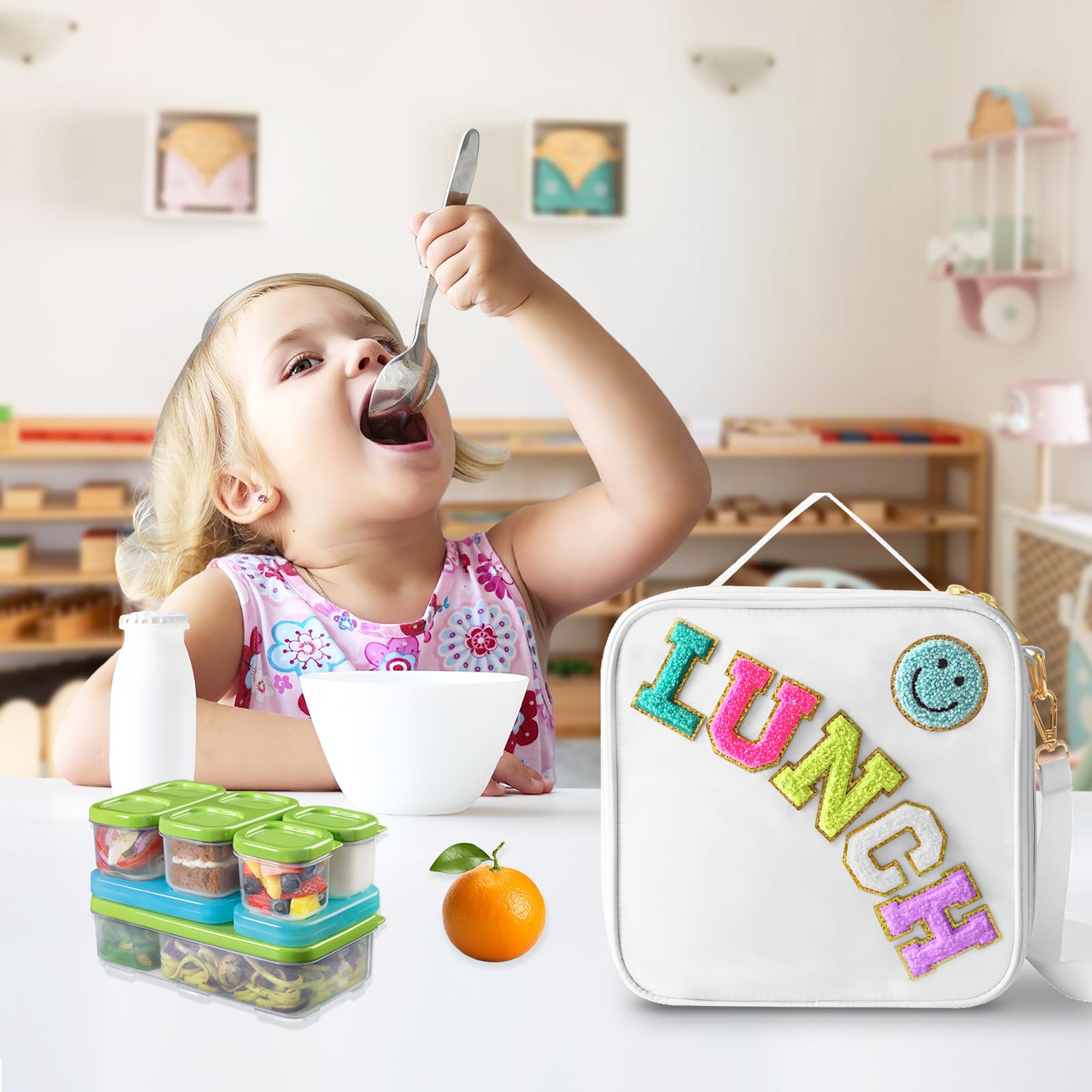 Insulated Lunch Bag With Adjustable Shoulder Strap, Nylon Preppy Lunch Box Large Insulated Lunch Bag Reusable Lunch Tote Bag with Smiley Preppy LunchBag for Girls School Travel Picnic (Purple)