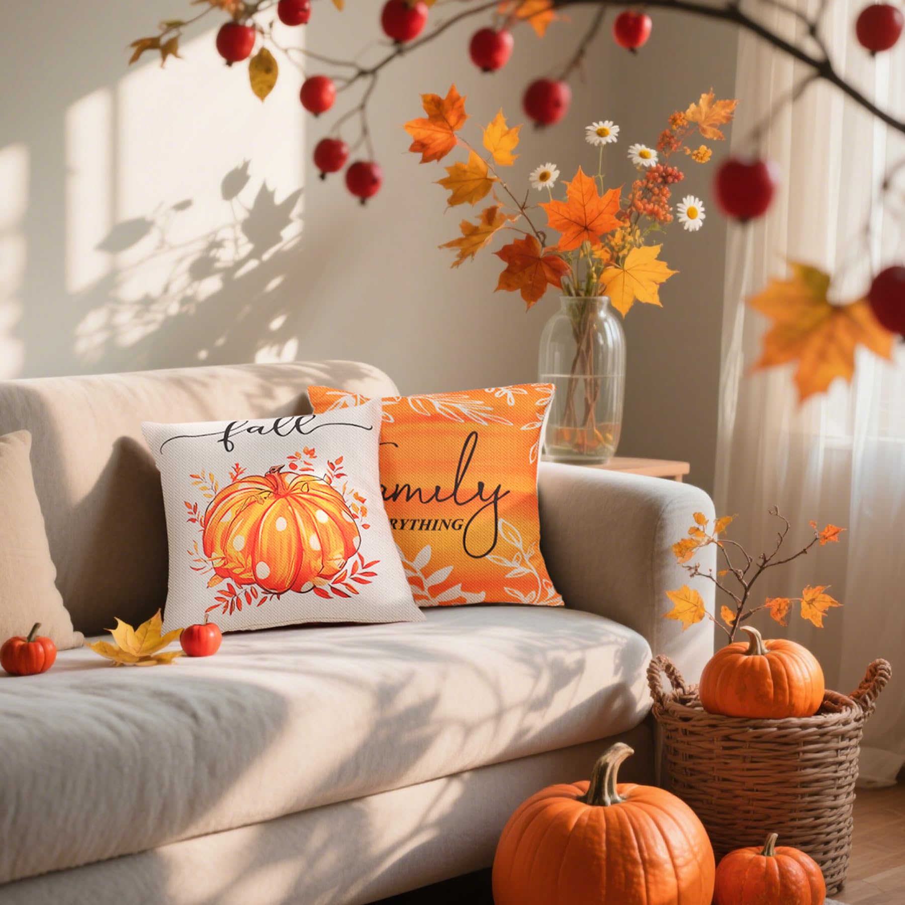 Hongsome Fall Decorations for Home-Throw Pillow Covers 18x18in Set of 4,Pumpkin Linen Pillow Case for Thanksgiving Couch Autumn Holiday Outdoor Burnt Orange White Decor