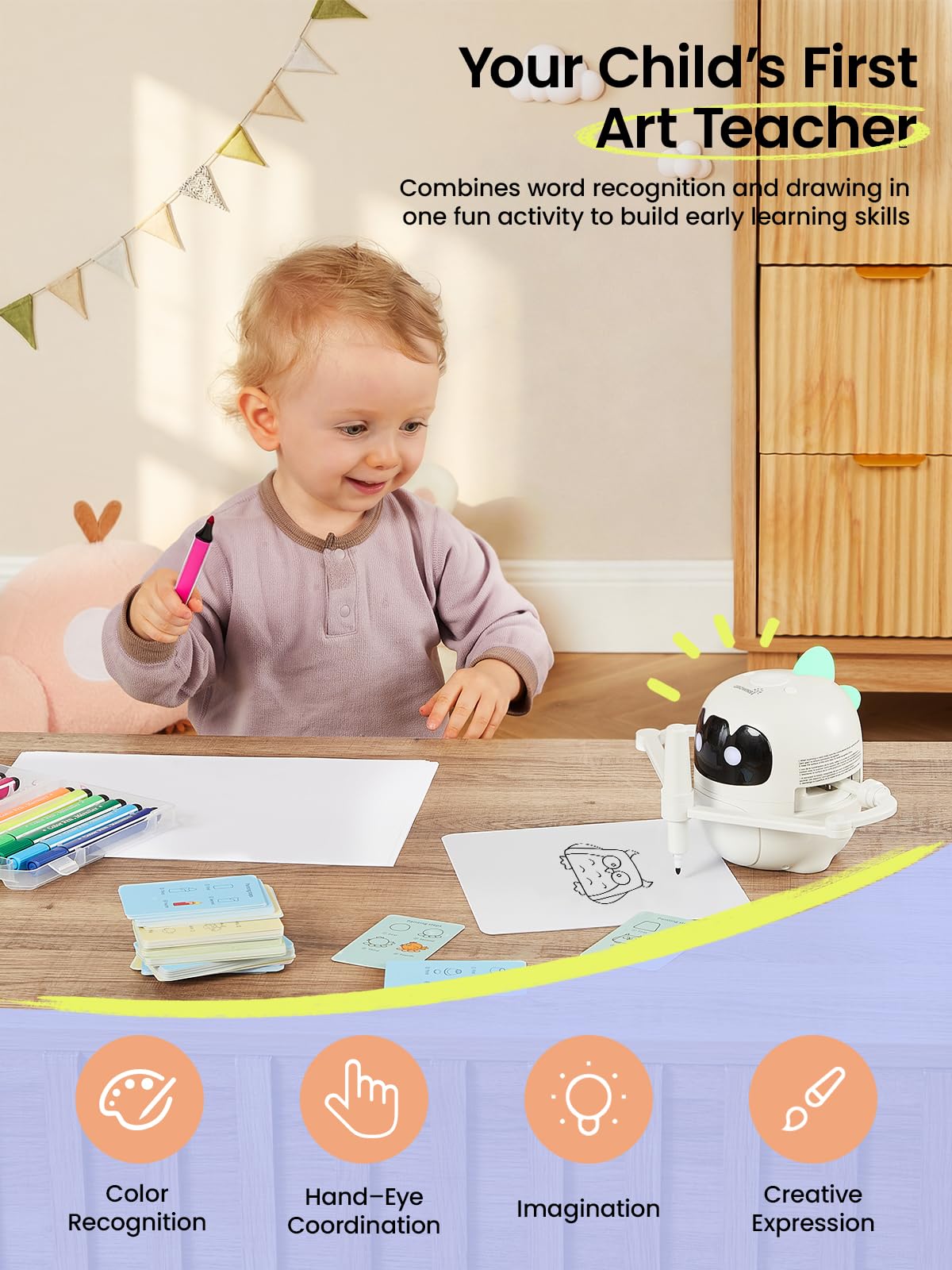 Grownsy Smart Drawing Robot for Kids, Light & Voice Guidance Education Toy with Scan, Doodle Bot with 150 Word Cards & 12 Color Pens, Montessori Painting Learning Toys for Kids Ages 3–8, Birthday Gift