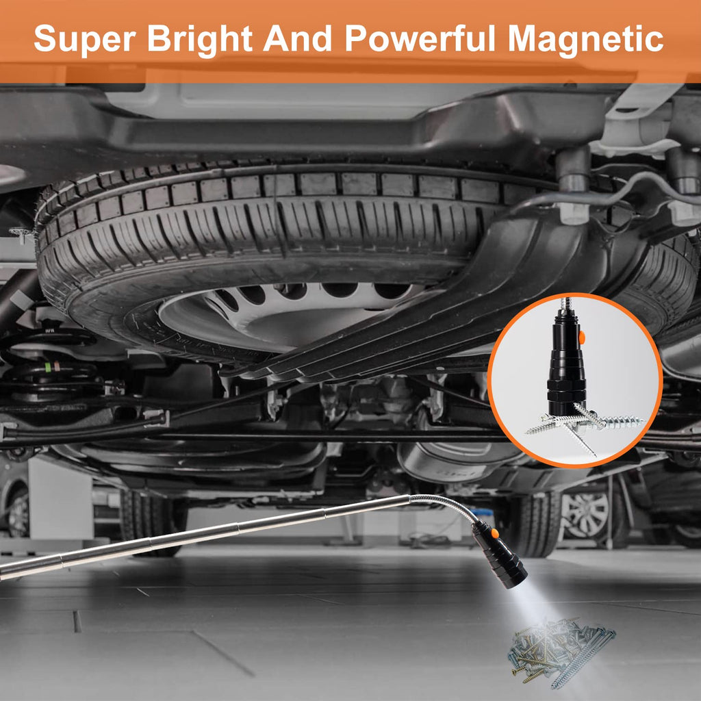 Telescoping Magnetic Pickup Tool Set with 1 & 15 lb Pick Up Sticks, Round and Square Adjustable Inspection Mirror and Flexible LED Flashlight, Fathers Day Dad Gifts for Men, Dad, Husband