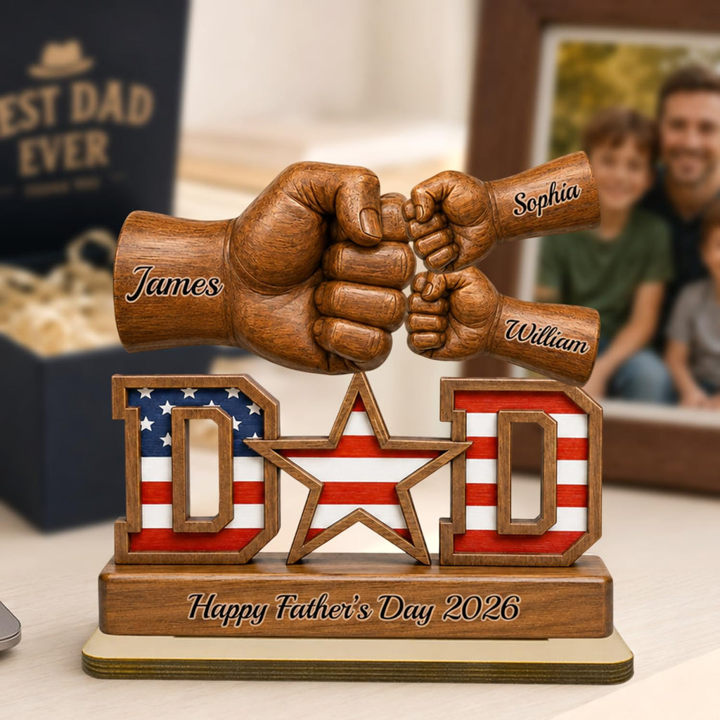 Personalized Fist Bump Dad and Kids Name Wooden Plaque, Custom Fathers Day Plaque for Dad Grandpa, Customized Sign Decorations for Daddy, Grandpa, Heartfelt Father's Day Birthday Gifts for Husband