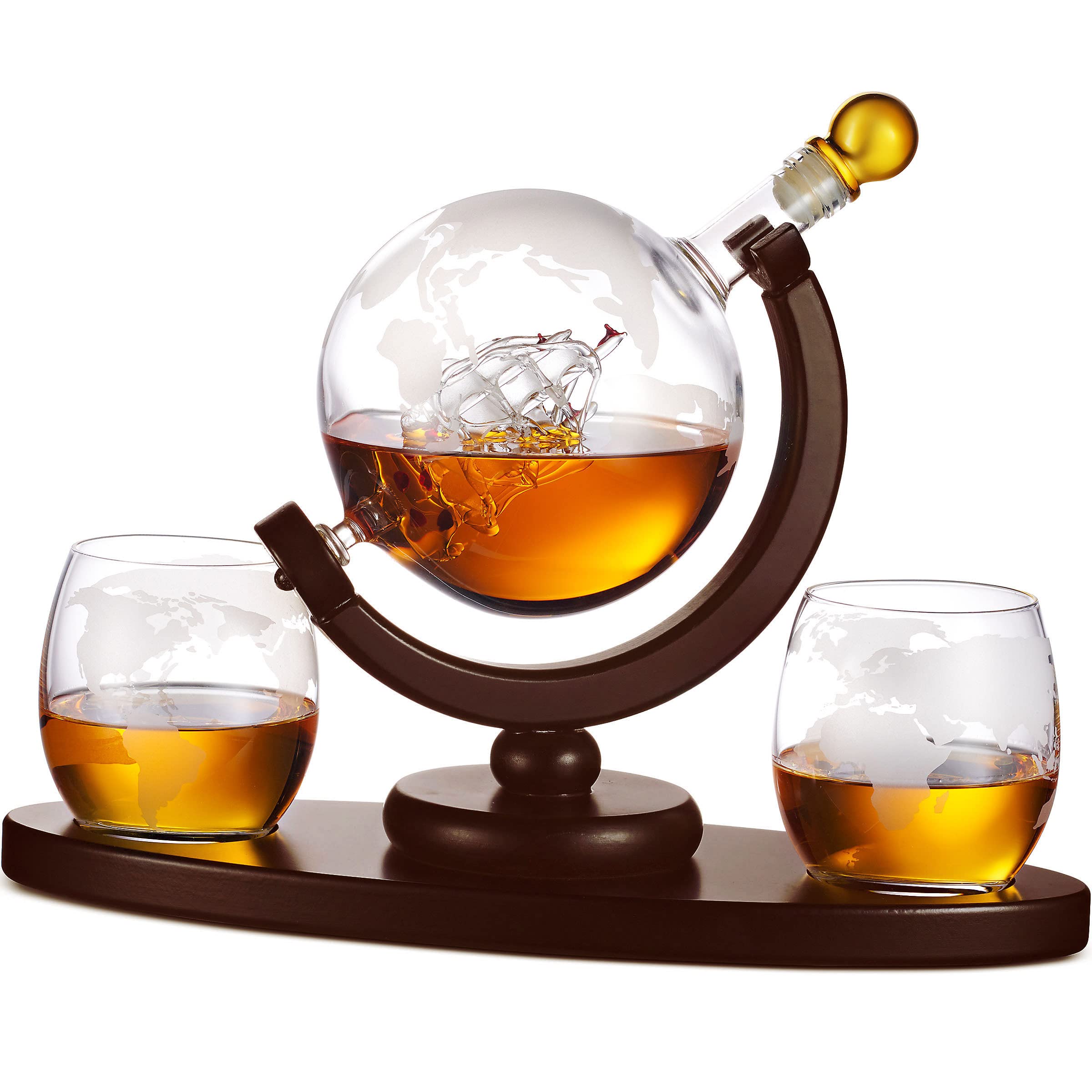 Godinger Whiskey Decanter Globe Set with 4 Etched Glasses for Liquor, Scotch, Bourbon, Vodka, Gifts for Men - 850ml Clear