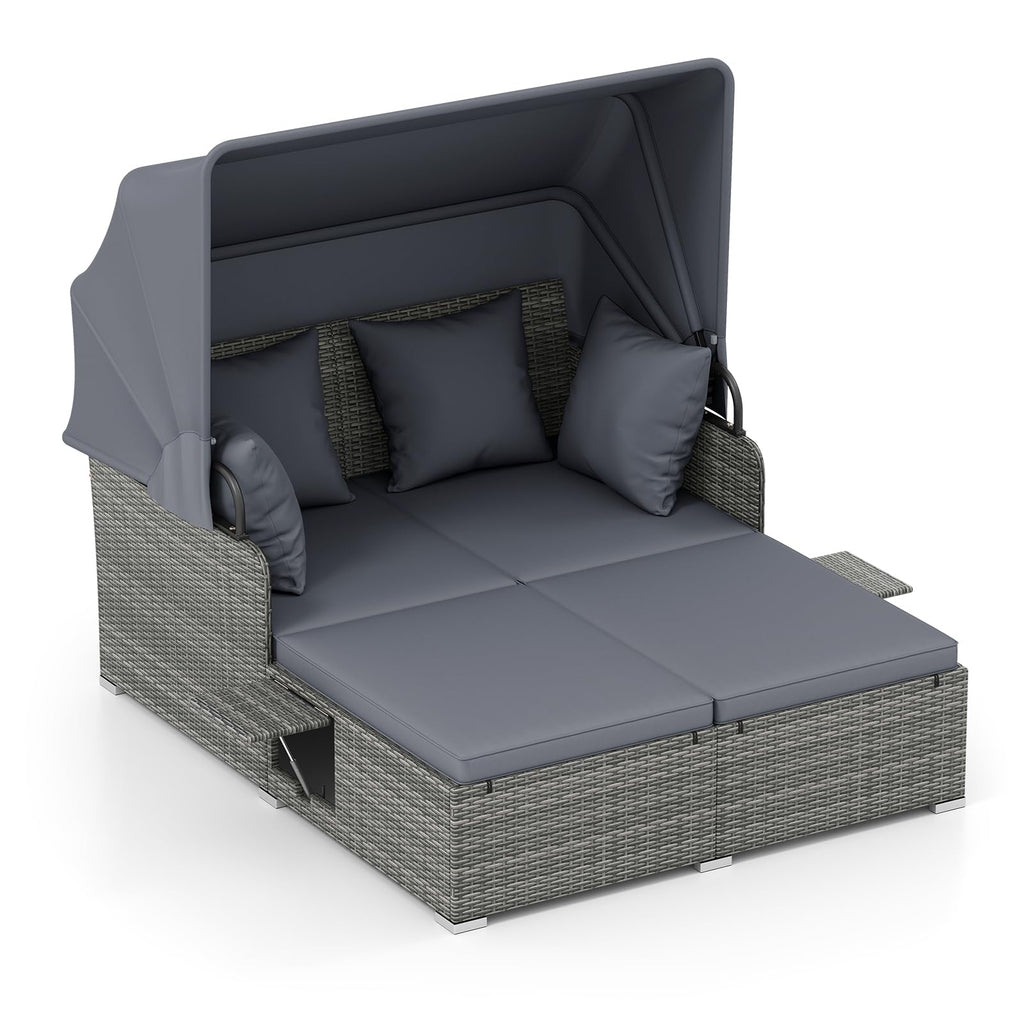 Tangkula Patio Rattan Daybed with Retractable Canopy, Outdoor Wicker Sunbed Lounger with 2 Foldable Side Tables, Thick Seat & Back Cushions, Outside Double Daybed for Garden, Backyard, Porch
