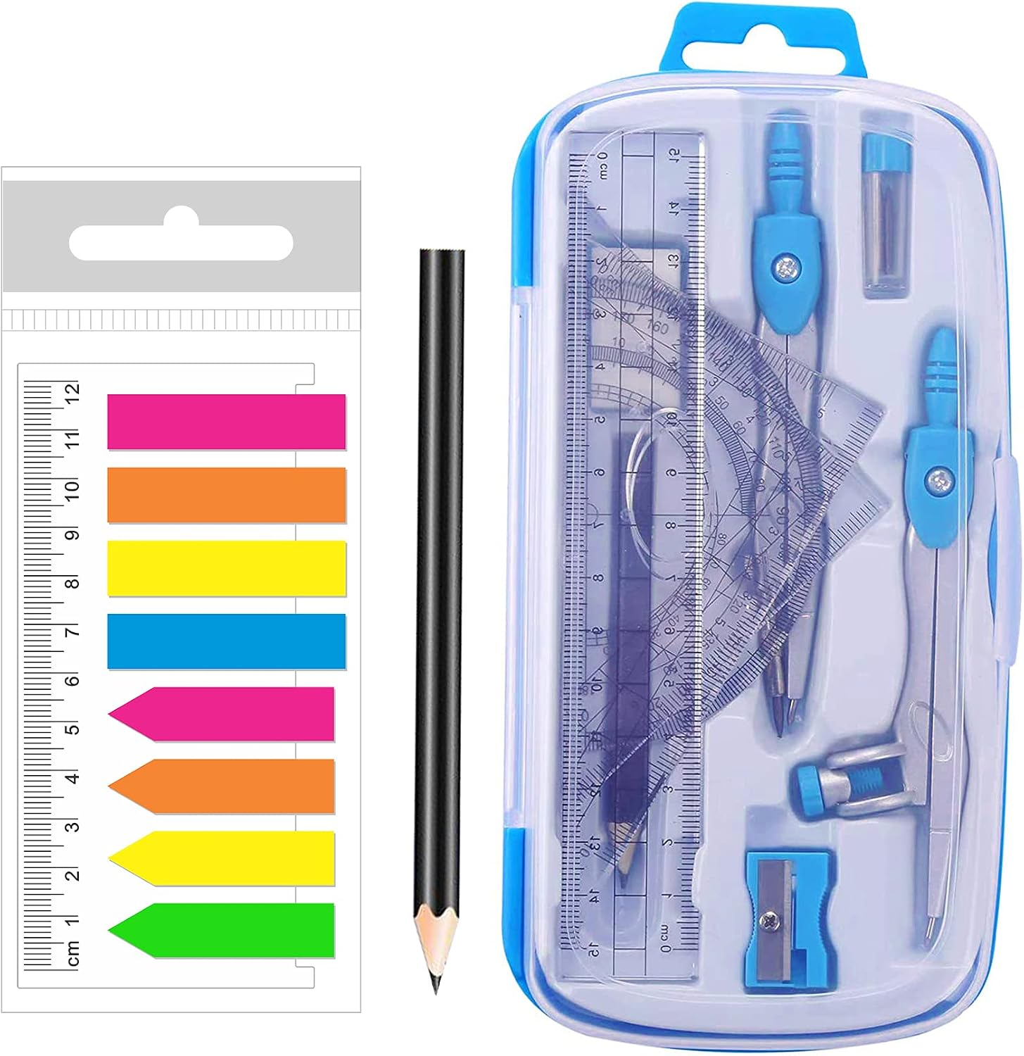 Akuoly Math Compasses Back-to-School Starter Geometry Kit with 2 Drafting Compasses Protractor Set Squares Ruler and More for Students Maths Study Homework, Blue Set with Carry Case
