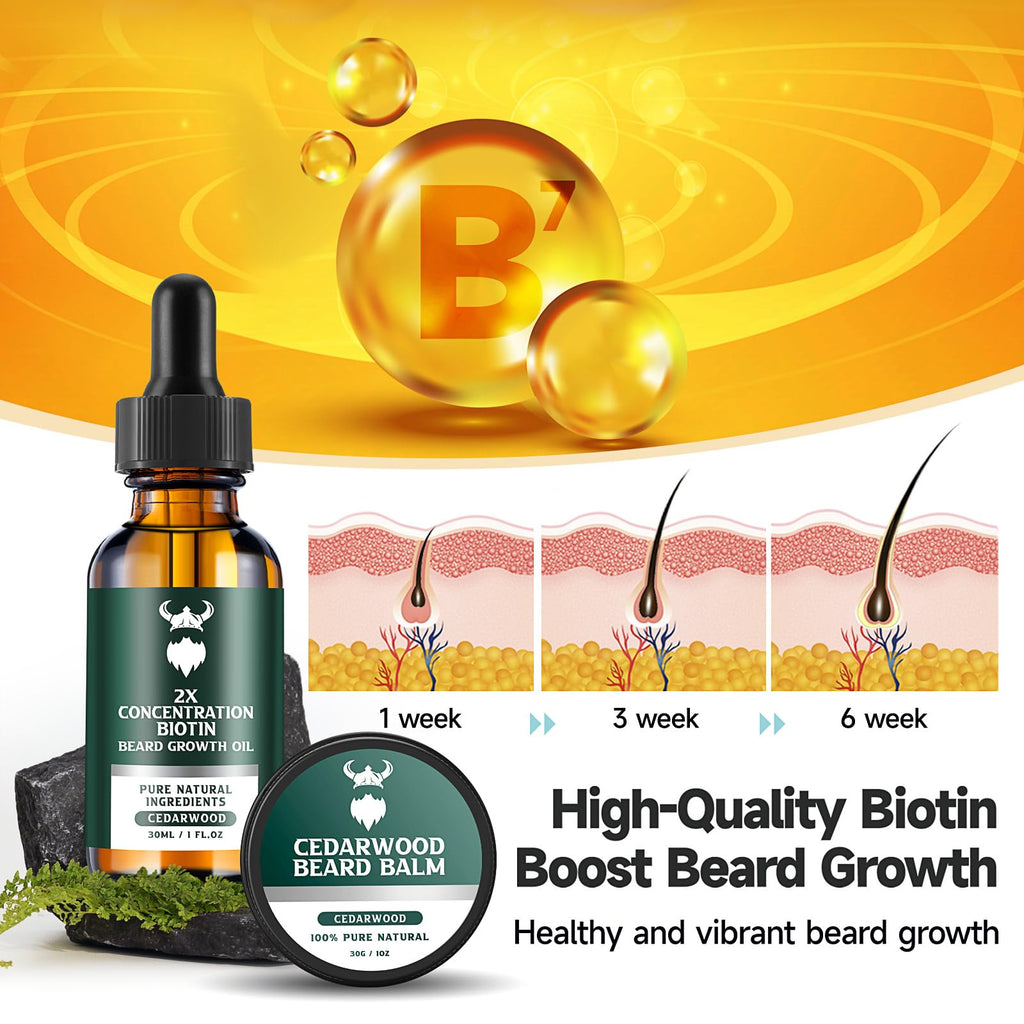 MistySprite Beard Growth Kit for Men, 2X Concentration Biotin Beard Oil & Styling Balm, Natural Facial Hair Conditioner with Argan, Jojoba & Vitamin E, Sandalwood Scent Softener
