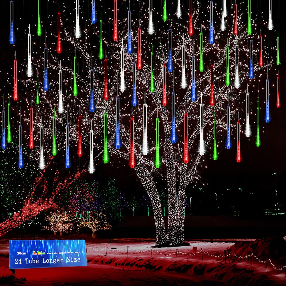 Kwaiffeo Outdoor Christmas Decorations, 24 Tubes(Equivalent to 3 Sets of 8-Tubes) LED Meteor Shower Lights for Xmas Halloween Decor Yard Lawn Outside Party, Outdoor Lighted Christmas-Themed Ornaments
