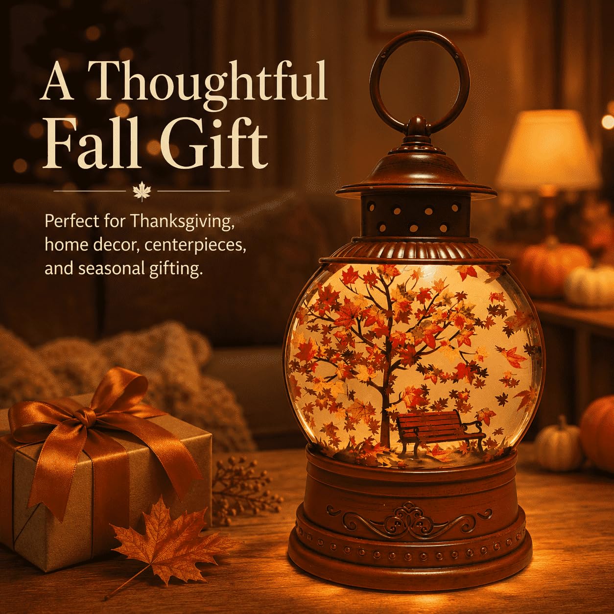 Fall Snow Globe Lantern with Swirling Maple Leaves, 9.45 Inch Autumn Water Lantern with 6 Hours Timer, USB & Battery Powered Thanksgiving Tabletop Home Decor