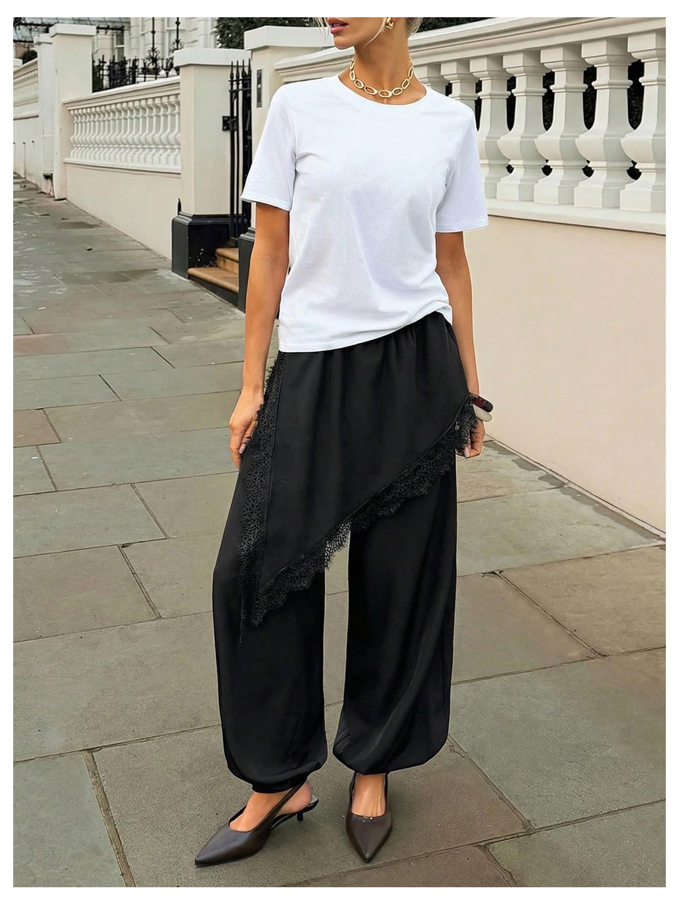 GORGLITTER Women's Satin Skirt Pants Lace Trim High Waisted Asymmetrical Hem Balloon Pants