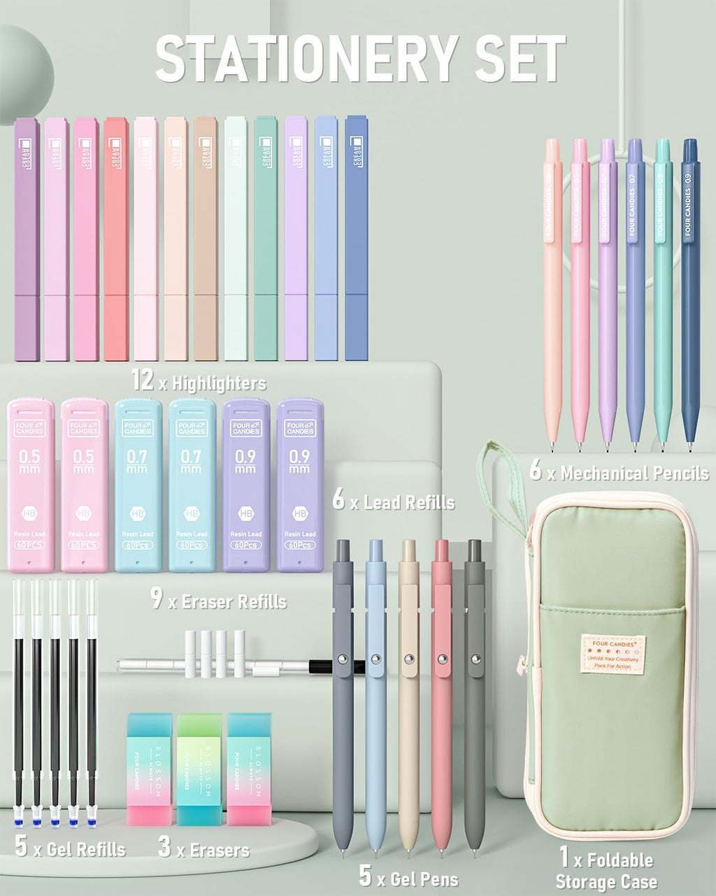 Four Candies 39 PCS Aesthetic Stationery Set with Cute Pen Case, College Supplies and Nursing Student Essentials, 12 Pastel Highlighters, 5 Black Gel Pens, 6 Mechanical Pencils, Blue