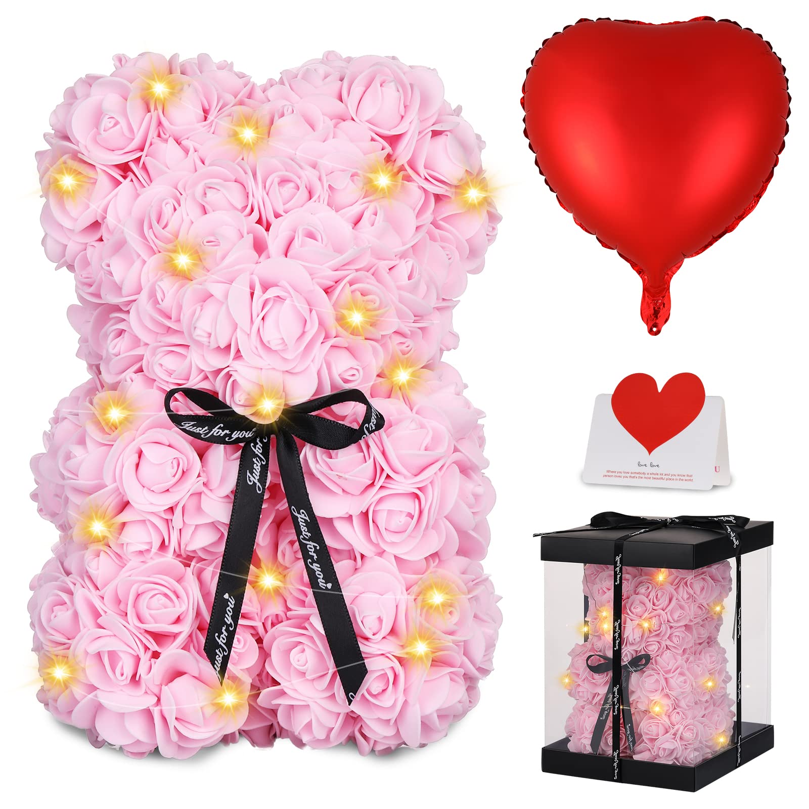 Rose Bear Mother's Day Flower Gifts for Mom Grandma, Rose Teddy Bear with Lights, Cute Teddy Flower Bear, Cute Romantic Present for Wife Girlfriend with Transparent Gift Box and Love Card