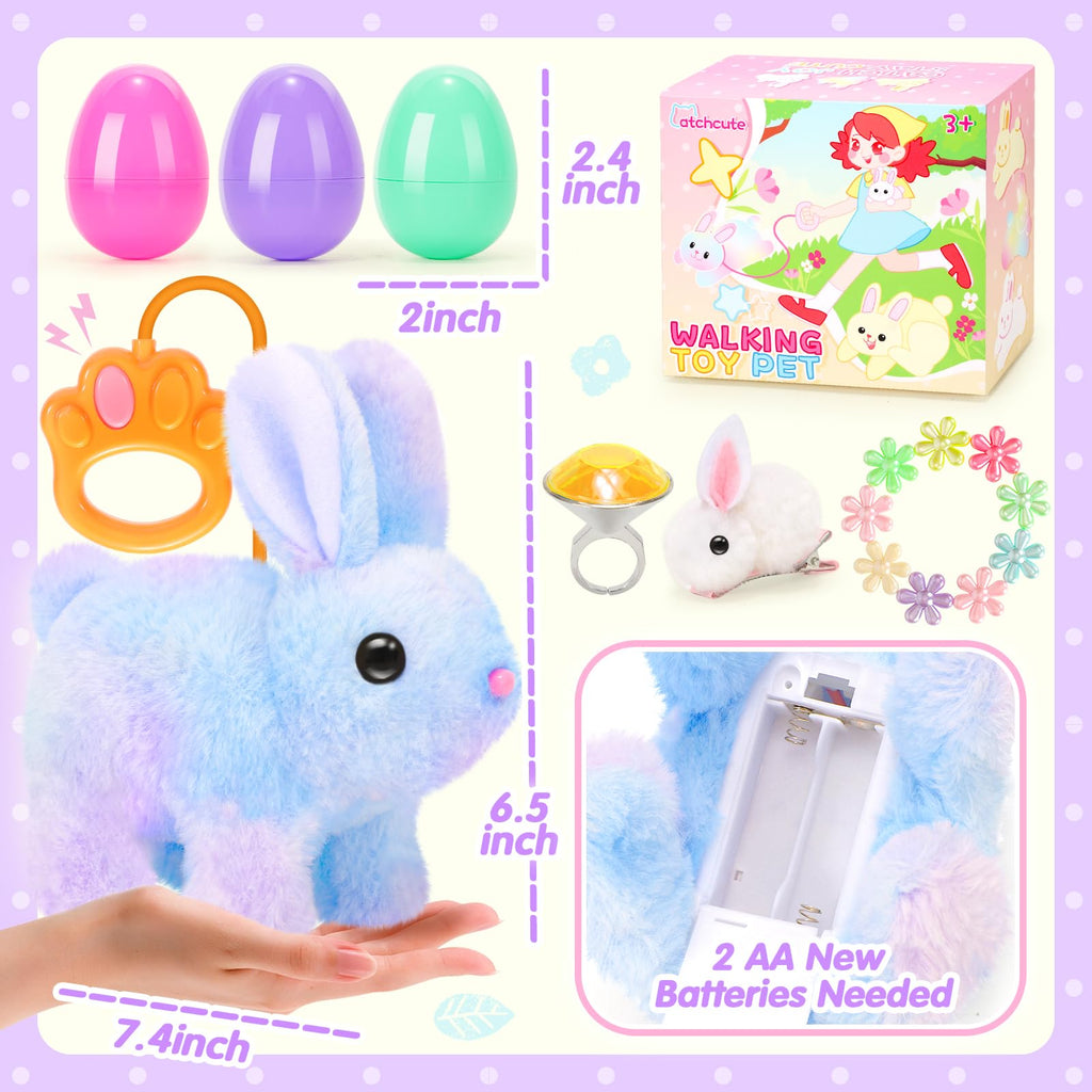 CatchCute Easter Plush Bunny Toys for Kids,Interactive Bunny with Sounds,Can Walk,Wag Tail and Twitch Nose with Remote Control Leash,Easter Eggs with Pull Back Cars,Easter Birthday Gift for Toddlers