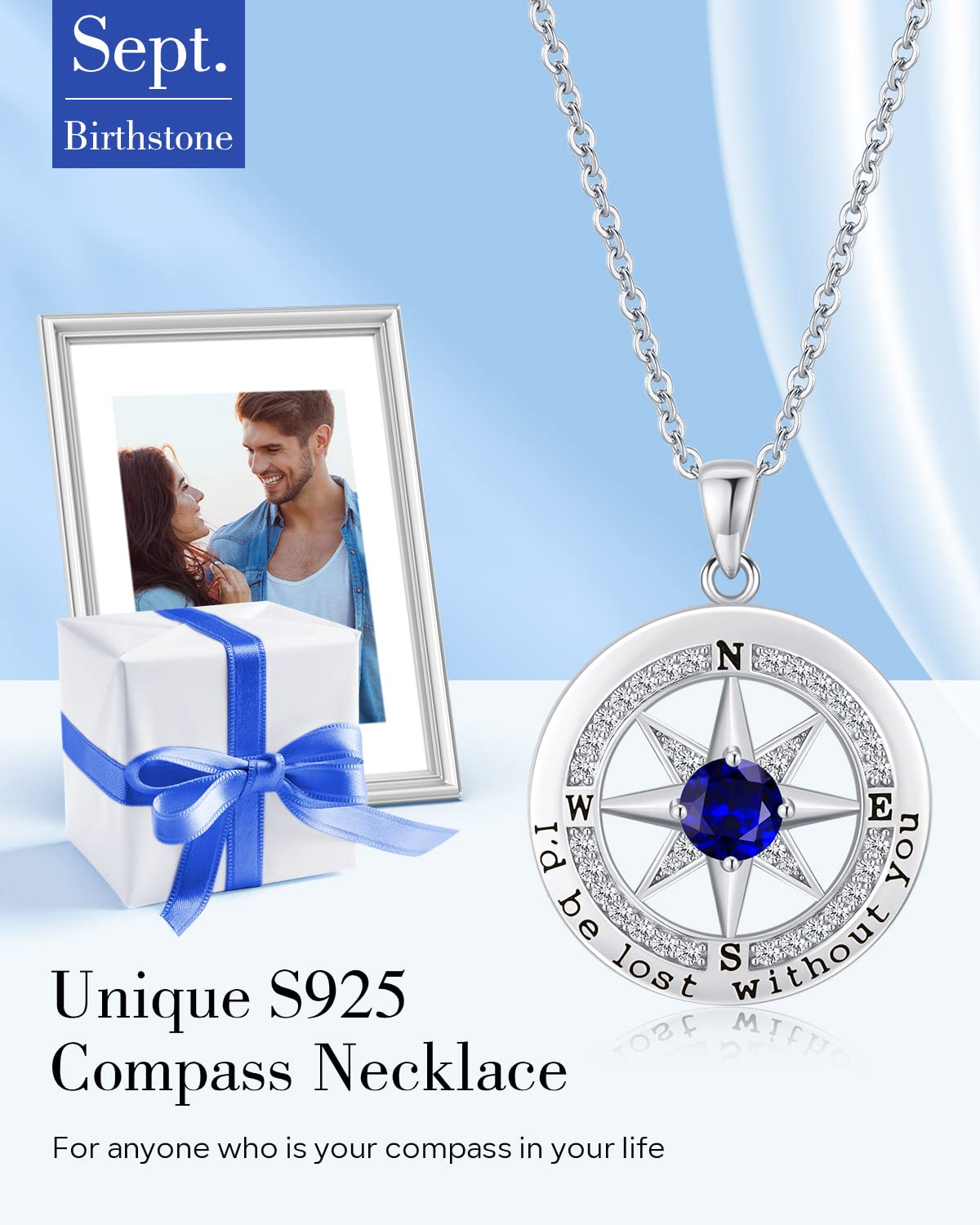 S925 Necklace Gift for Wife |Compass Jewelry |Women Anniversary |Sterling Silver |Girlfriend Birthday Gifts for Her Valentines |I'd be Lost without You |Jewel 18K Gold