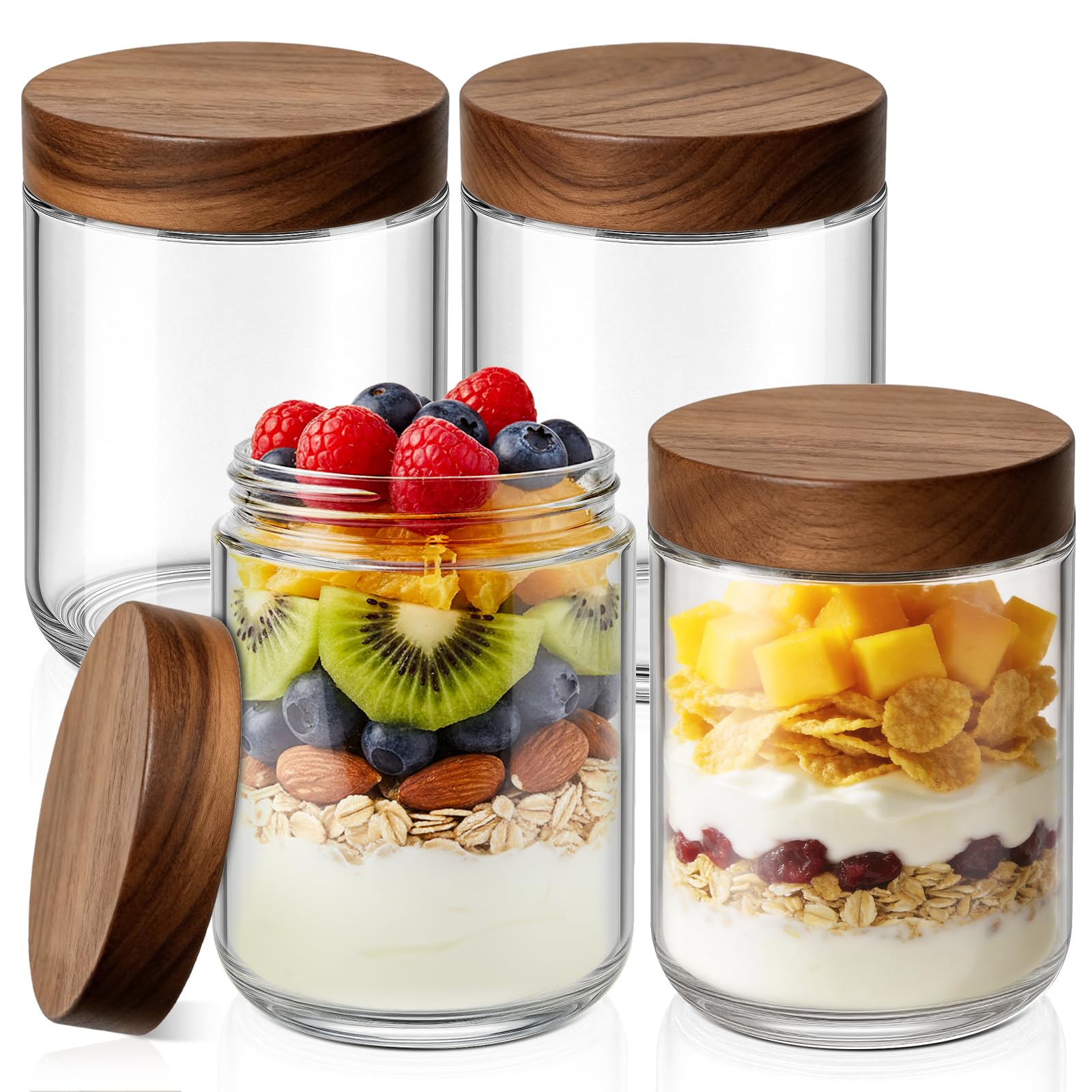 Bumobum 10 oz Small Glass Jars with Lids, Glass Container with Acacia Wood Airtight Lid, Wide Mouth Canisters for Chia Pudding Loose Tea Coffee Meal Prep Parfait Salad Snacks Yogurt Spice, 4-Pack