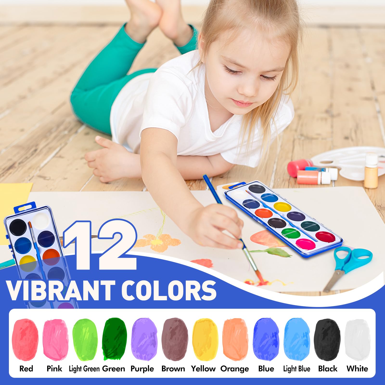 24 Pack Watercolor Paint Set for Kids, 12 Colors Watercolors Paints with Paint Brush, Kids Water color Paint Set for Party Favor, Classroom,Easter Basket Stuffers.
