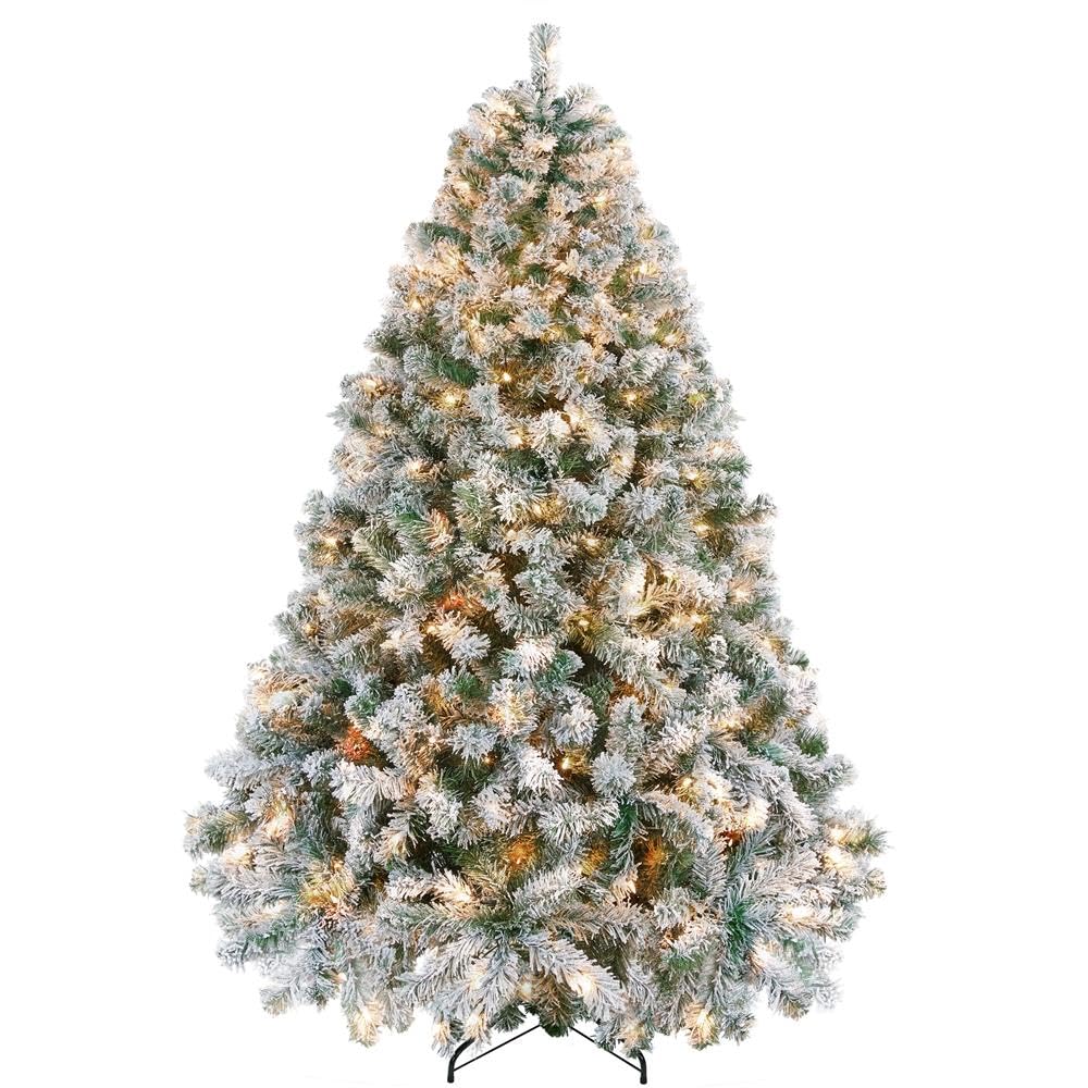 Yaheetech 6ft Snow Flocked Pre-lit Christmas Tree with 250 Warm White Lights, 820 Lush Branch Tips & Quick-Assembly Hinged Design, Full Artificial Xmas Tree for Winter Holiday Décor, Green & White