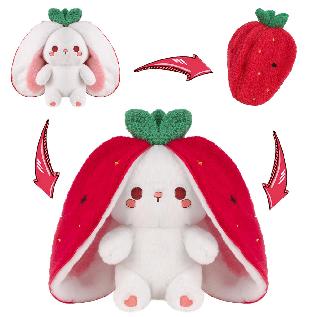 MIAODAM Bunny Stuffed Animal Reversible Cuddle Bunny Stuffed,Strawberry Bunny Transformed Rabbit Plush Zipper,Turns Into Ears Bunnies Plushies Toy Cute Stuffy Doll Easter