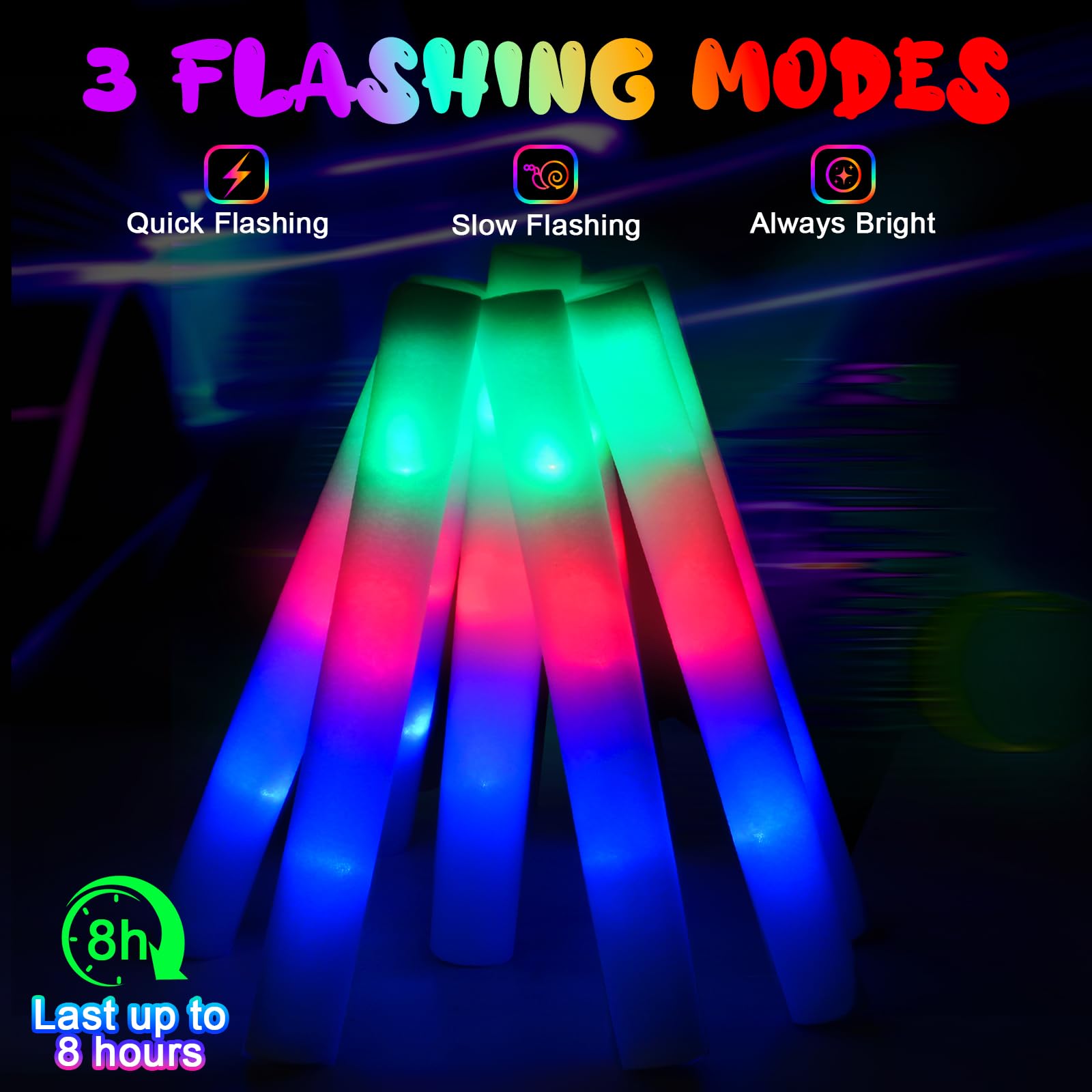 HONLYNE 120 PCS Foam Glow Sticks with 3 Modes Colorful Flashing, LED Light Sticks, Glow in the Dark Party Suppliesfor Wedding, Raves, New Year Carnival