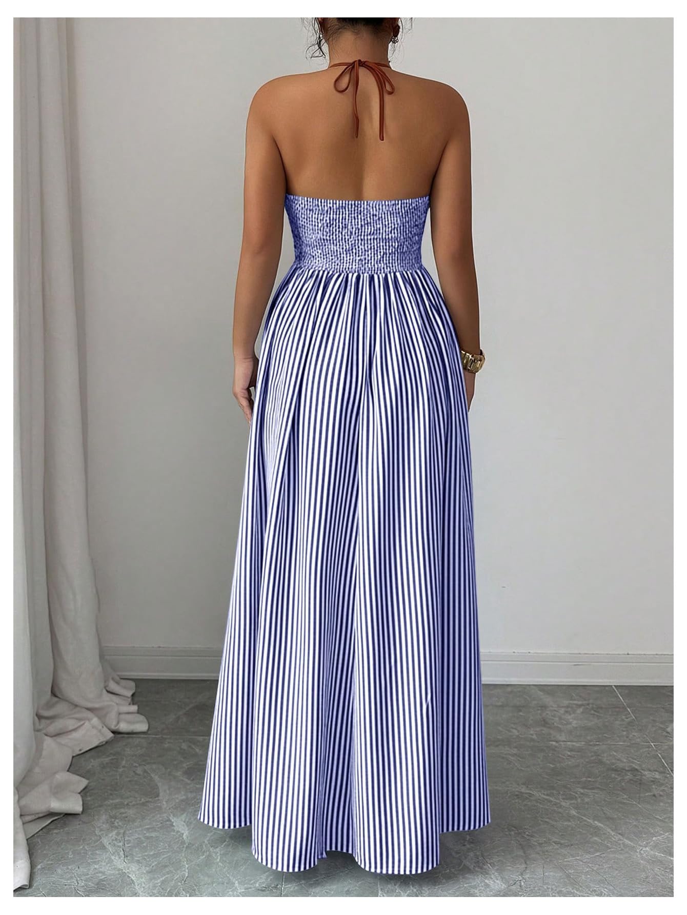 Floerns Women's Striped Halter Maxi Dress Backless Smocked Beach Vacation Boho Dress