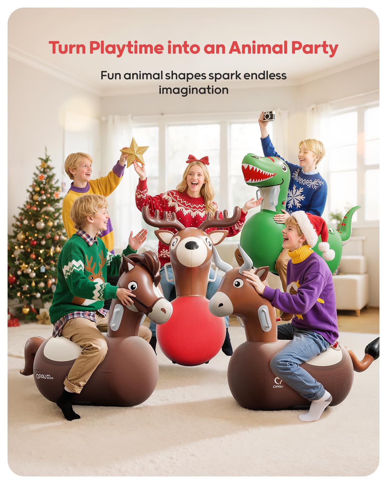 QPAU Inflatable Bouncy Dinosaur Toys 2 PCS with Hand Pump, Heavy Duty Giant Bouncy Pal, 220lbs Load Capacity, Ride On Bouncy Animal Hopper Toy, Indoor Outdoor Bouncers for Kids Girls Boys Ages 5+