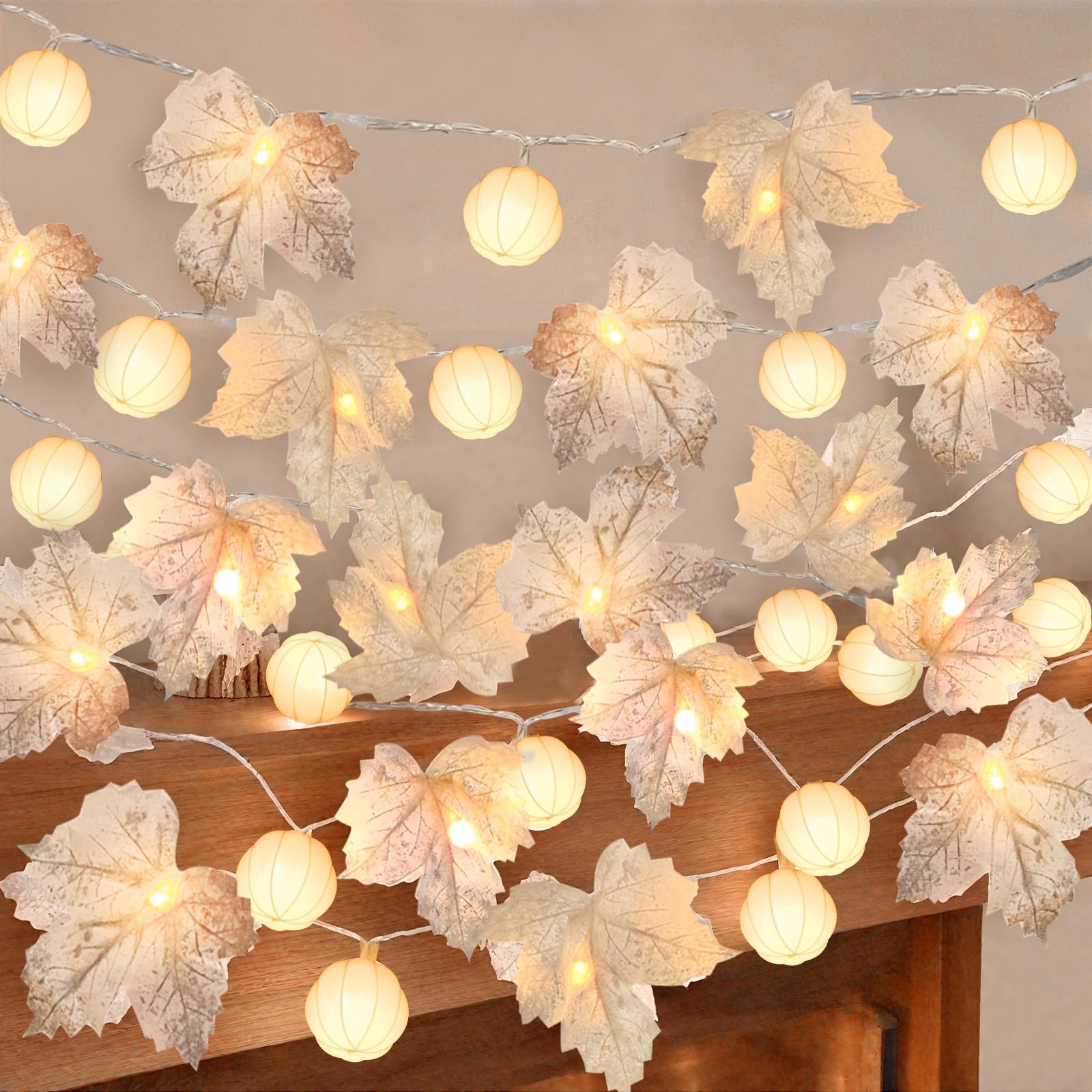 3 Pack Fall Decor Fall Garland with Pumpkin Lights&Enlarged Maple Fall String Lights Pumpkin Decor, 30Ft 60LED Waterproof Battery Operated Christmas Halloween Thanksgiving Fall Decorations for Home
