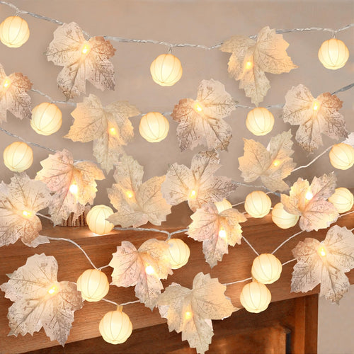 3 Pack Fall Decor Fall Garland with Pumpkin Lights&Enlarged Maple Fall String Lights Pumpkin Decor, 30Ft 60LED Waterproof Battery Operated Christmas Halloween Thanksgiving Fall Decorations for Home